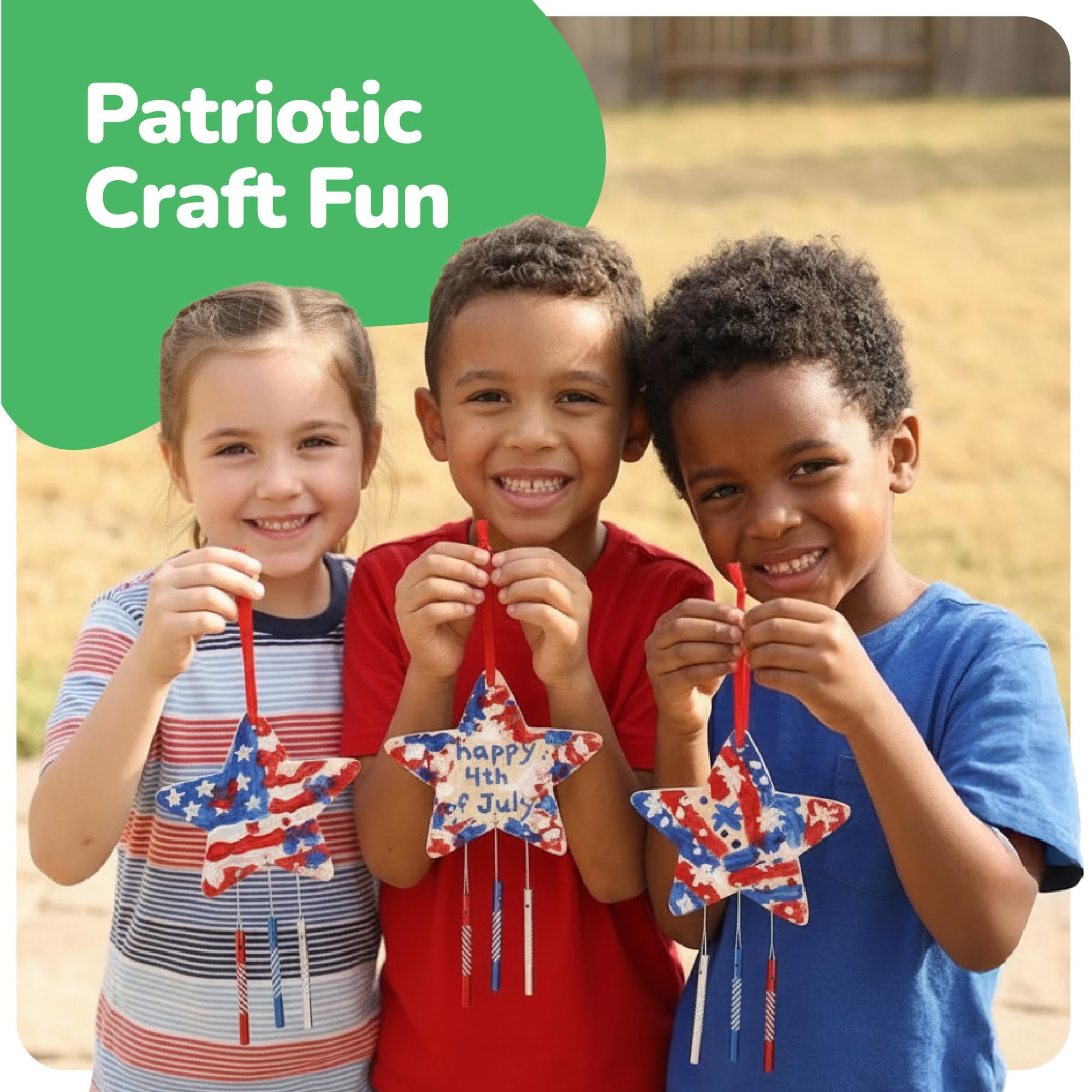 Patriotic DIY Wind Chime Kit for Kids - 9 Pack - Wooden Wind Chime Set with Paint Kit, Rhinestone Flower Stickers, 105 Stickers, and More - July 4th Arts and Crafts