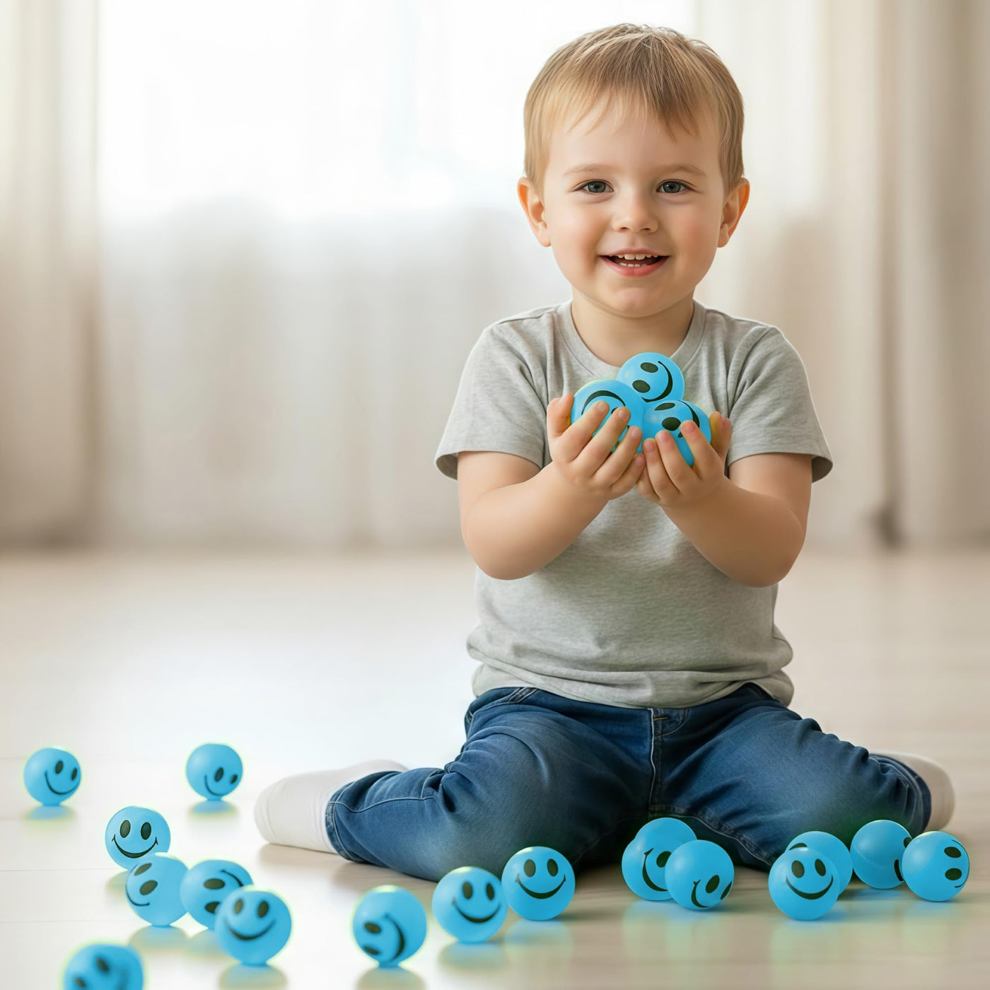Glow in the Dark Light Blue Smiley Face Bouncing Balls - Bulk Pack of 36 - 1 Inch