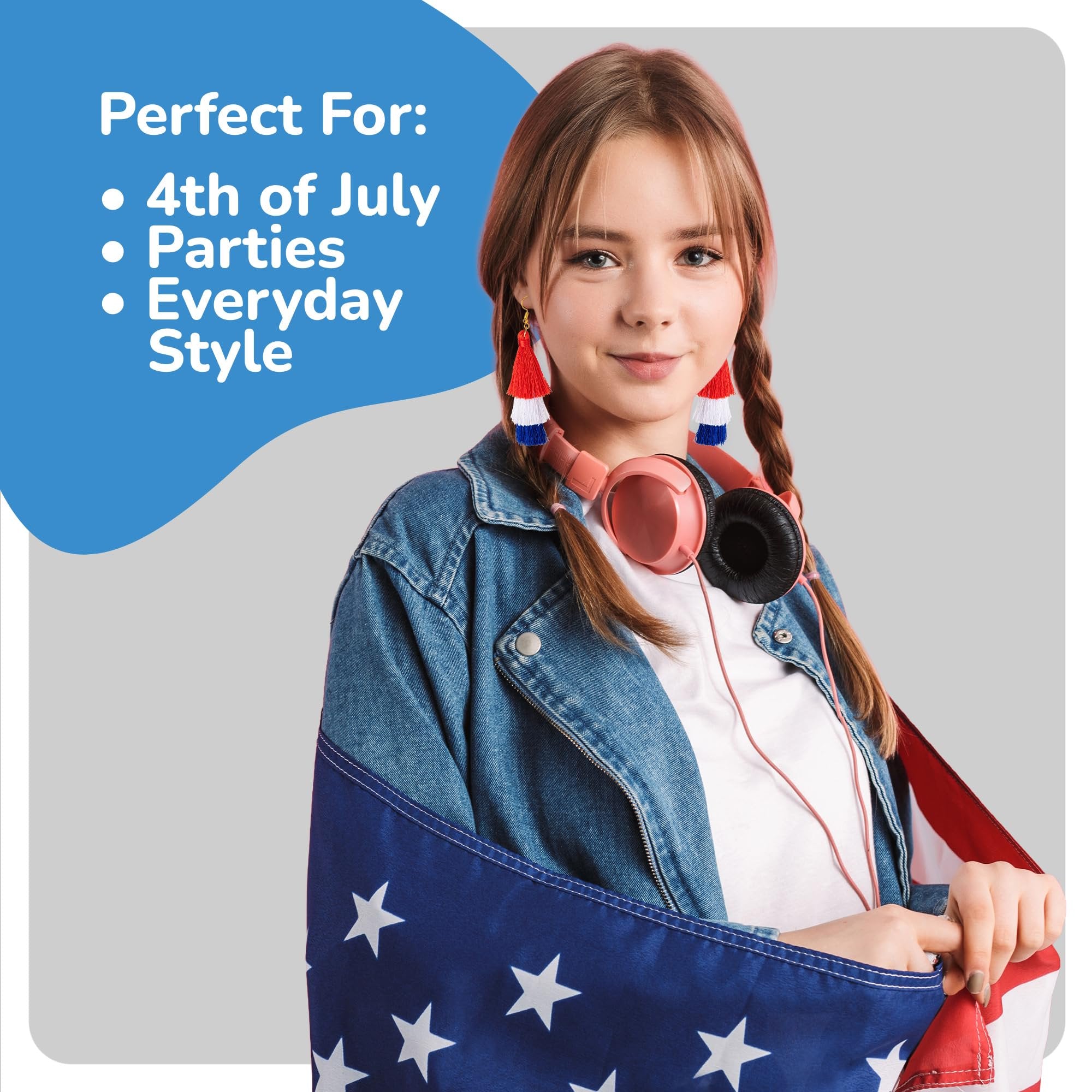 ArtCreativity Patriotic Earrings for Women - Red White and Blue Earrings for Women with a Tassel Design