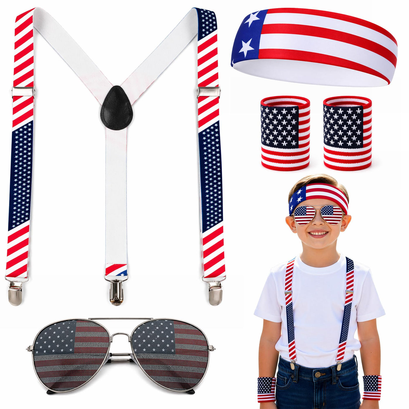 Patriotic Accessories - USA Glasses, American Flag Suspenders, Wristbands, and Headband - Red, White, and Blue