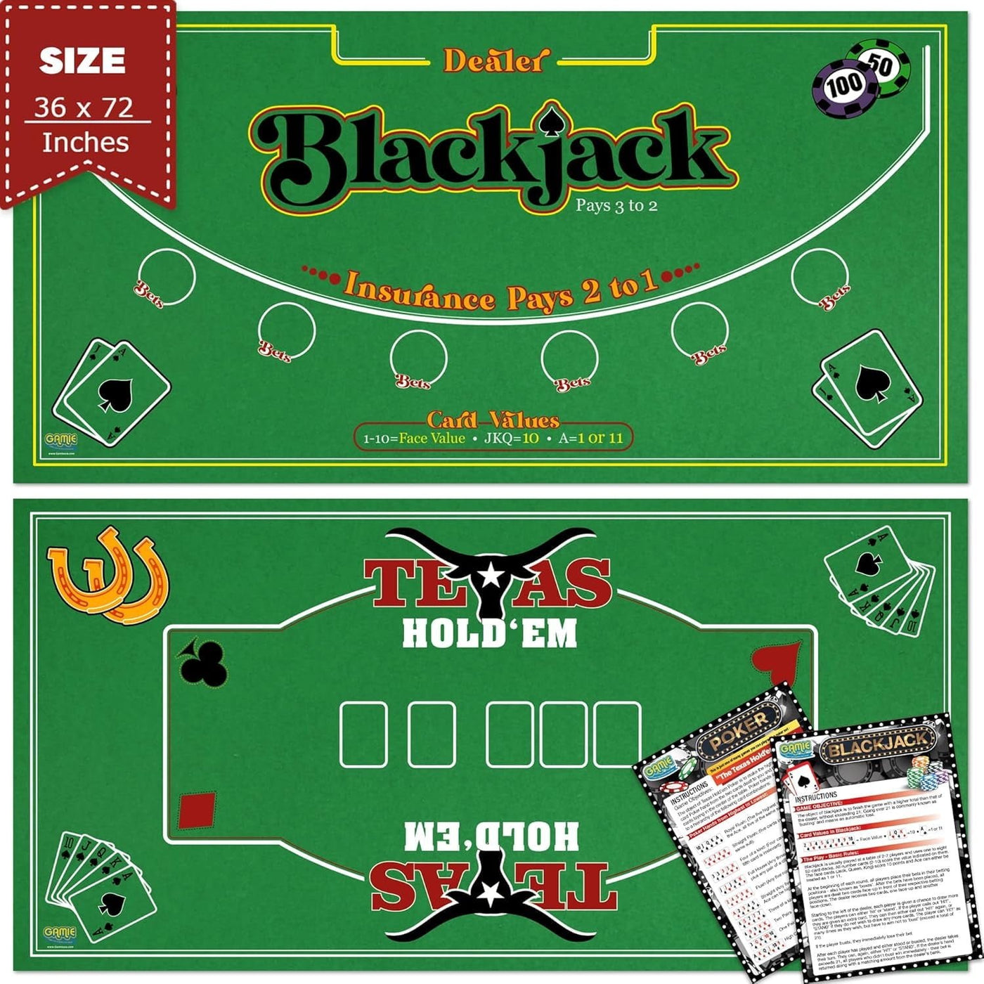 Gamie Double-Sided Felt Casino Mat – 2-in-1 Blackjack & Texas Hold’em Poker Tabletop Mat, 36” x 72”