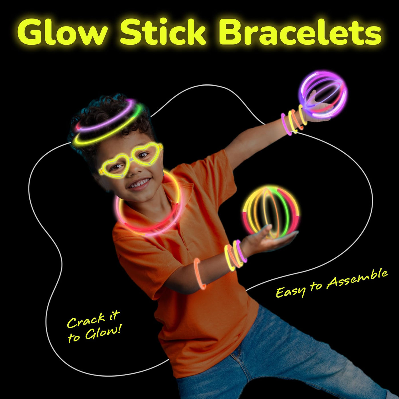 Glow in the Dark Bracelets & Glasses Set – 20 Heart Frames, 60 Glow Sticks & Connectors