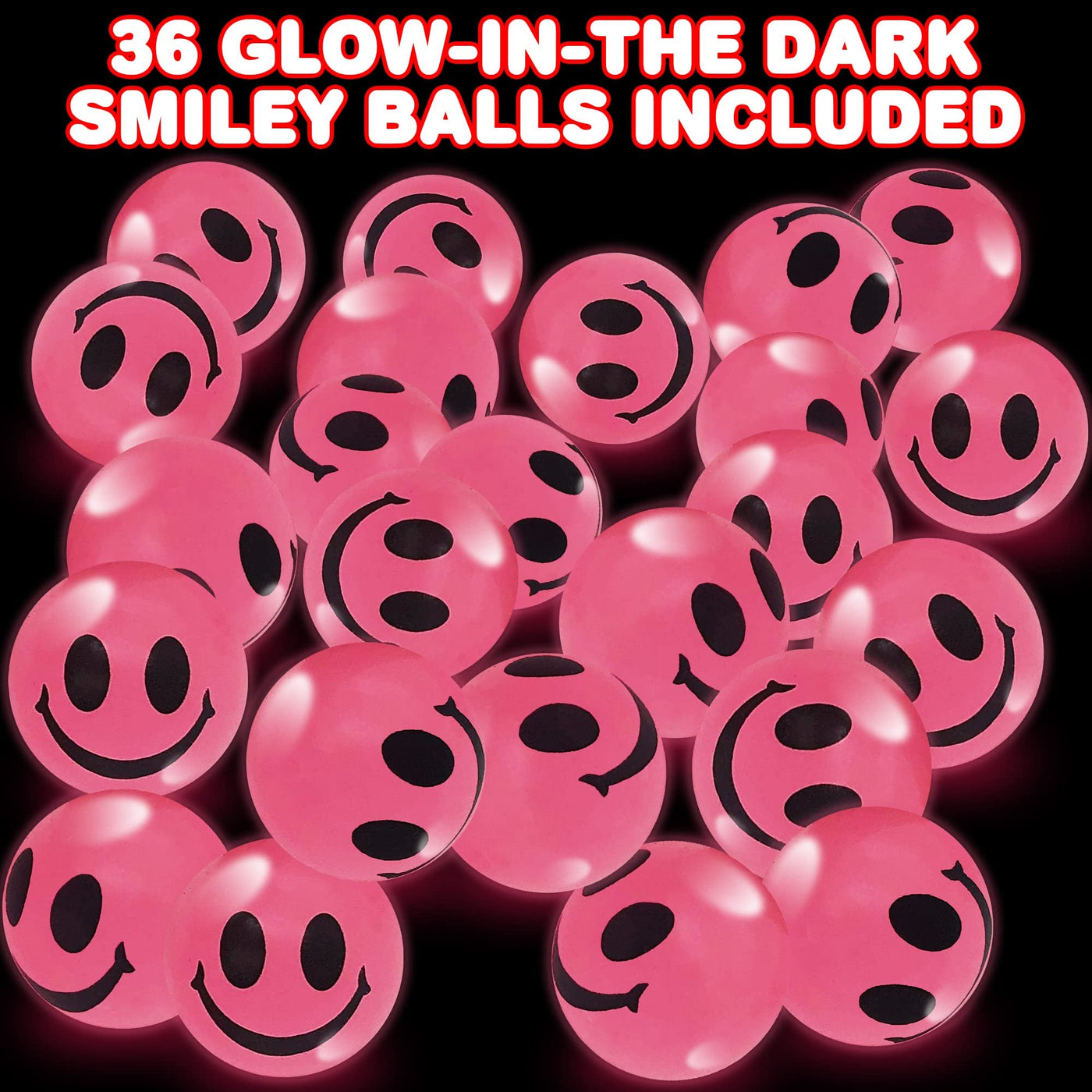 ArtCreativity 36-Set High Bouncy Glow-in-the-Dark Smiley Face Rubber Balls – Safe & Durable Party Favors for Kids