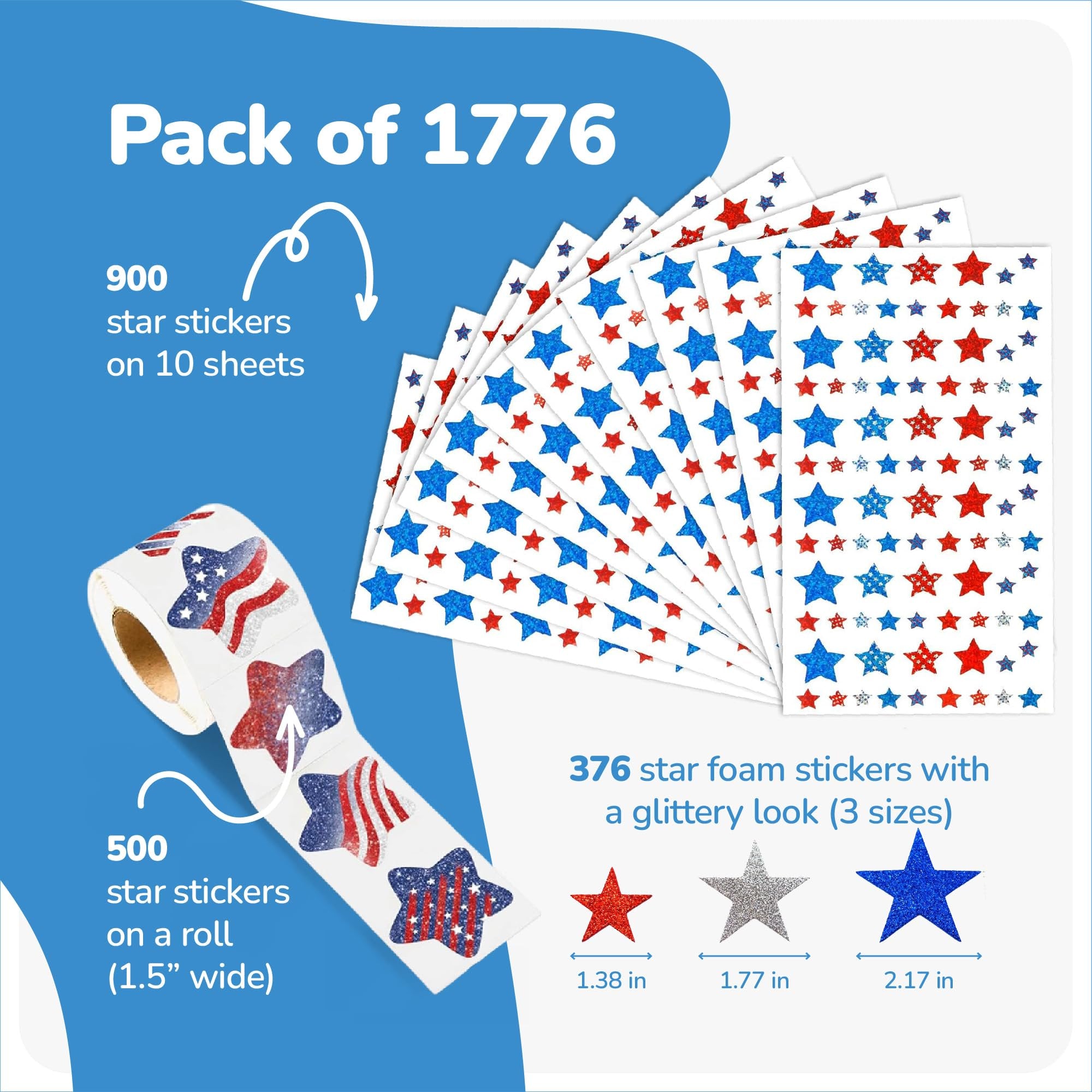 4th of July Patriotic Stickers - 1776 Pack - USA Stickers in Red, White, and Blue - 3 Styles Including Foam Star Stickers