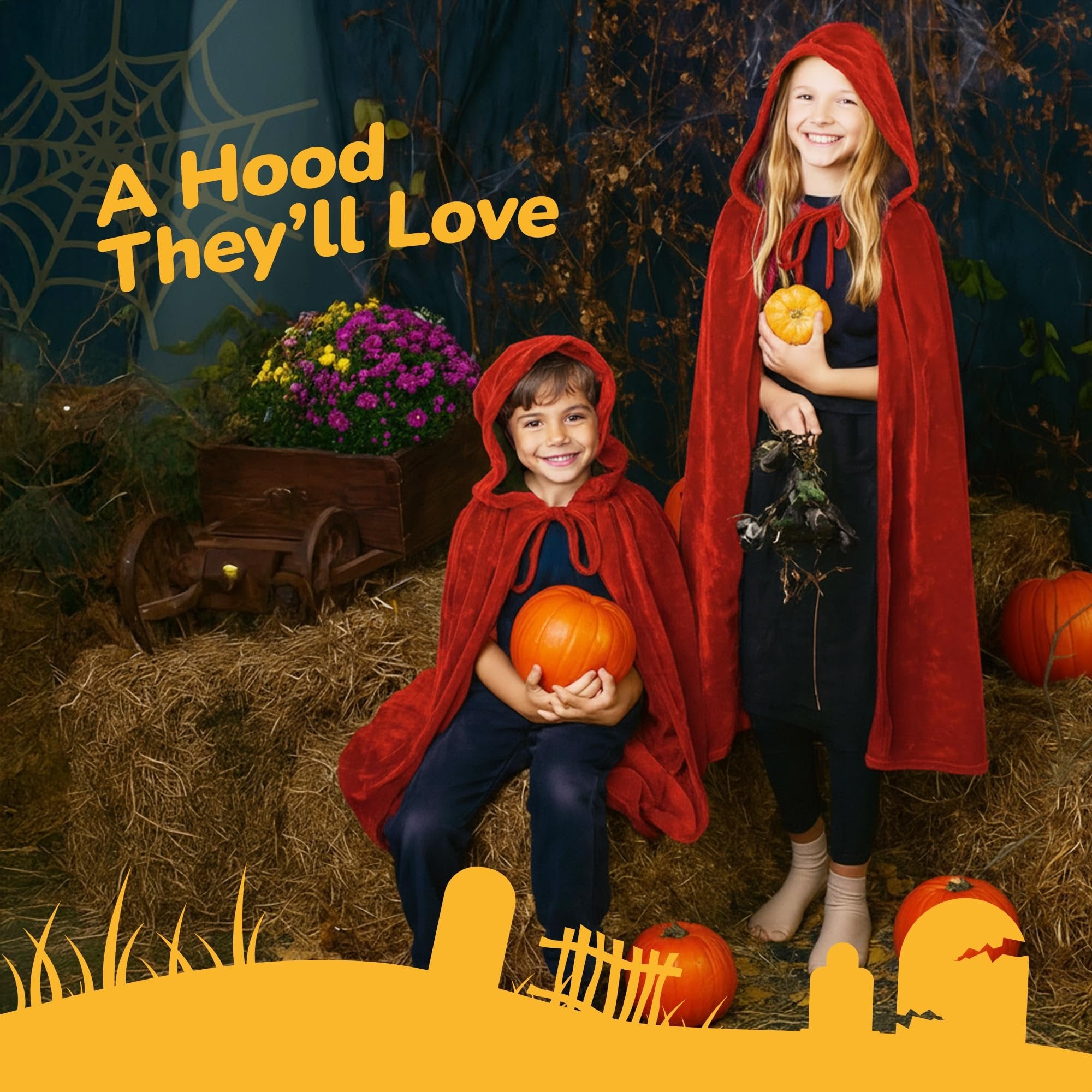 Velvet Hooded Cloak for Kids - 4ft Long - Vibrant Red Cloak with Hood and String Closure