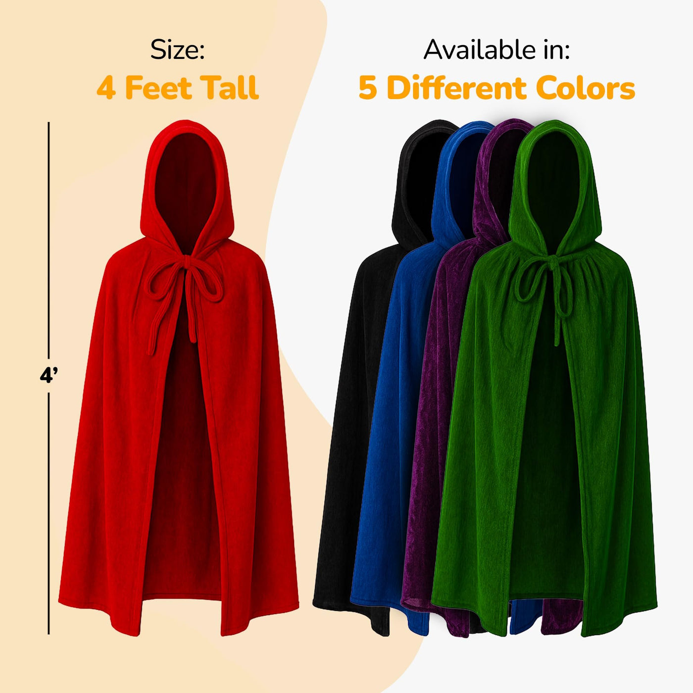 Velvet Hooded Cloak for Kids - 4ft Long - Vibrant Red Cloak with Hood and String Closure