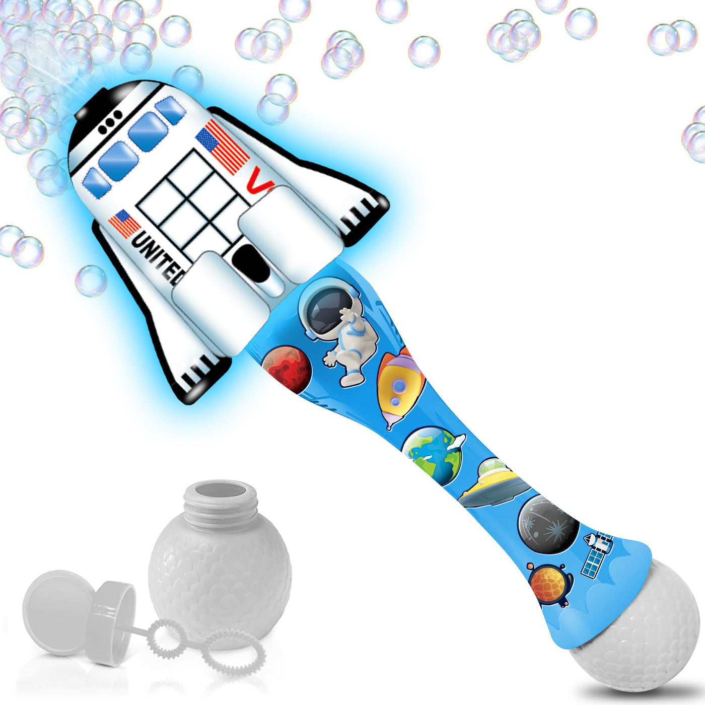 Space Shuttle Bubble Wand - Handcrafted Space Toys with Bubbles Refill Solution, Stickers, Music & Lights