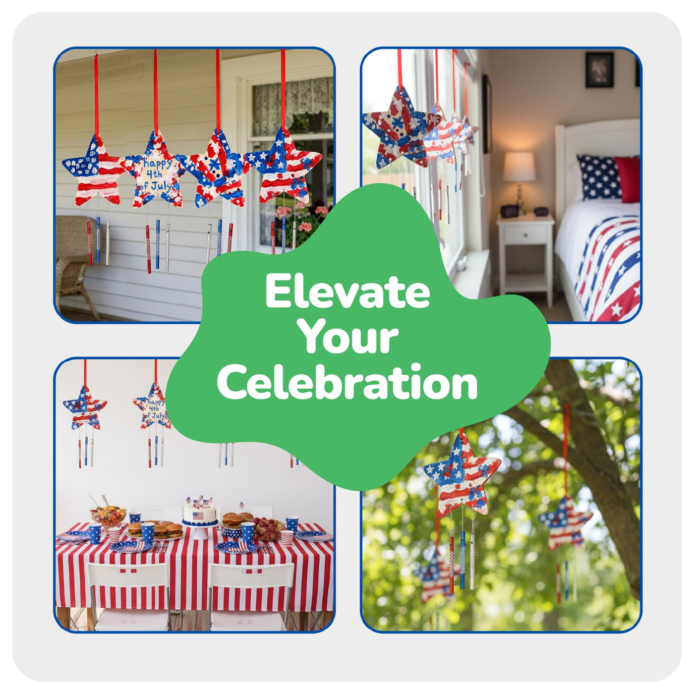 Patriotic DIY Wind Chime Kit for Kids - 9 Pack - Wooden Wind Chime Set with Paint Kit, Rhinestone Flower Stickers, 105 Stickers, and More - July 4th Arts and Crafts