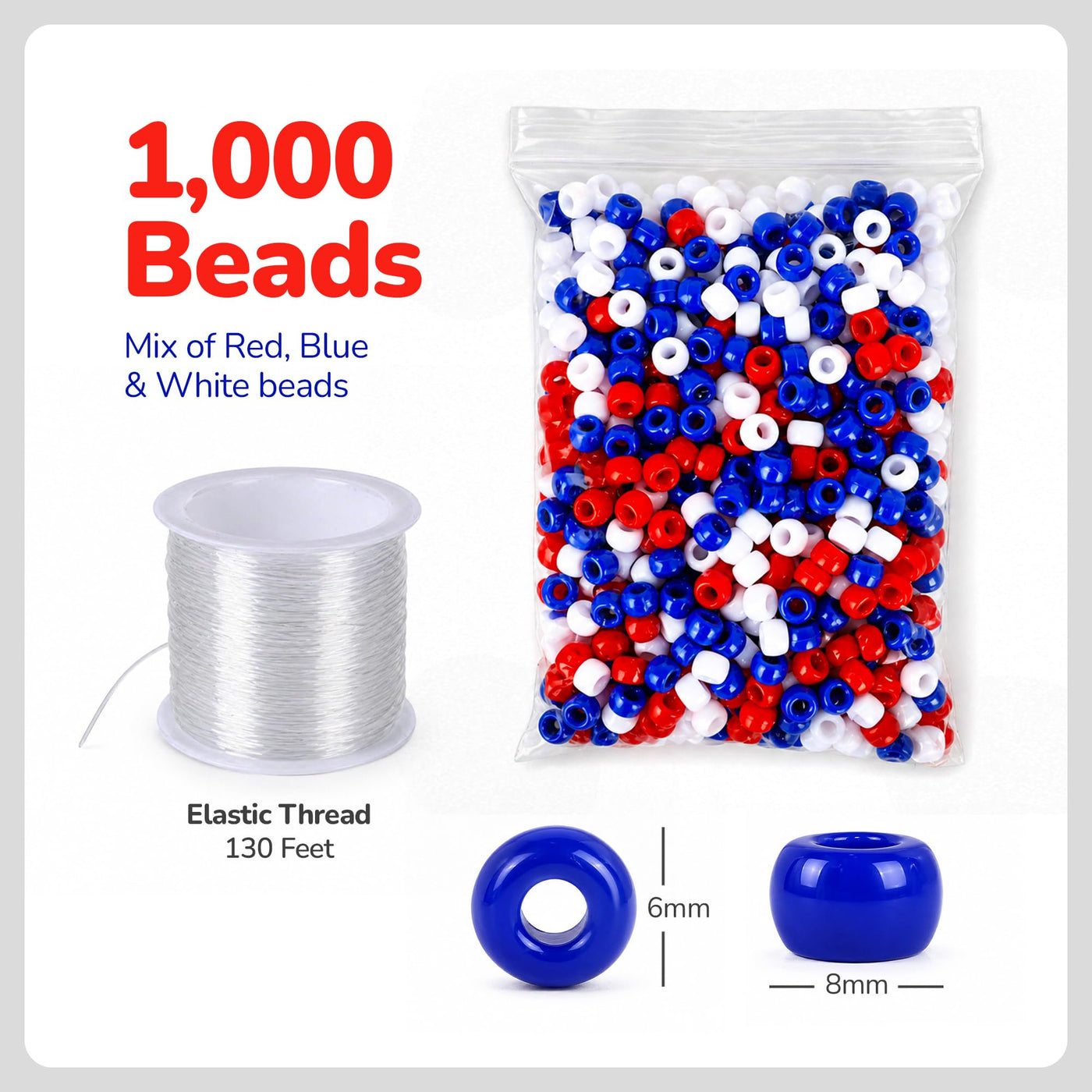 ArtCreativity Patriotic DIY Beads Kit for Kids - 1000 Pack - Red White and Blue Plastic Jewelry Beads with 40m String for Making USA Flag Necklaces & Bracelets