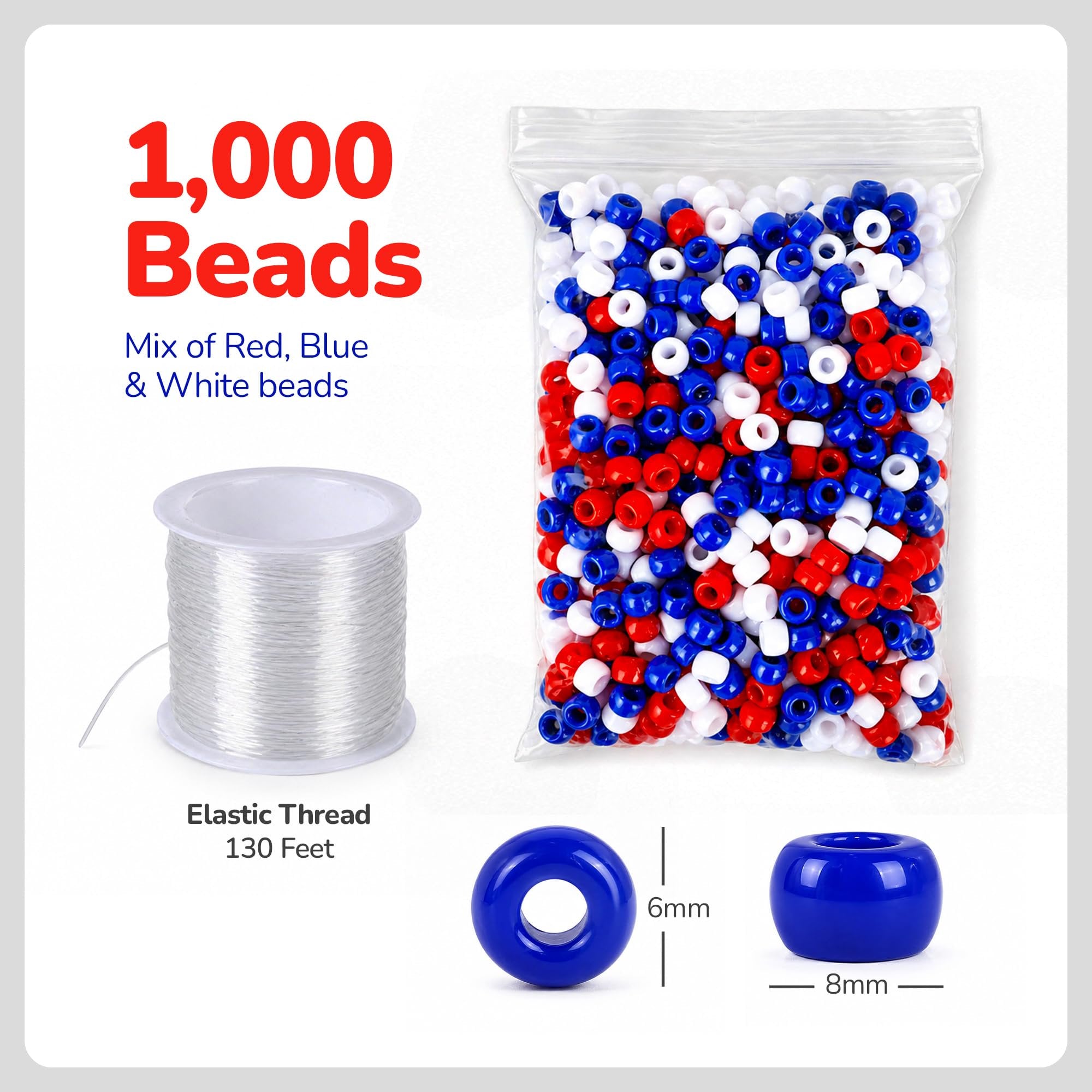 ArtCreativity Patriotic DIY Beads Kit for Kids - 1000 Pack - Red White and Blue Plastic Jewelry Beads with 40m String for Making USA Flag Necklaces & Bracelets