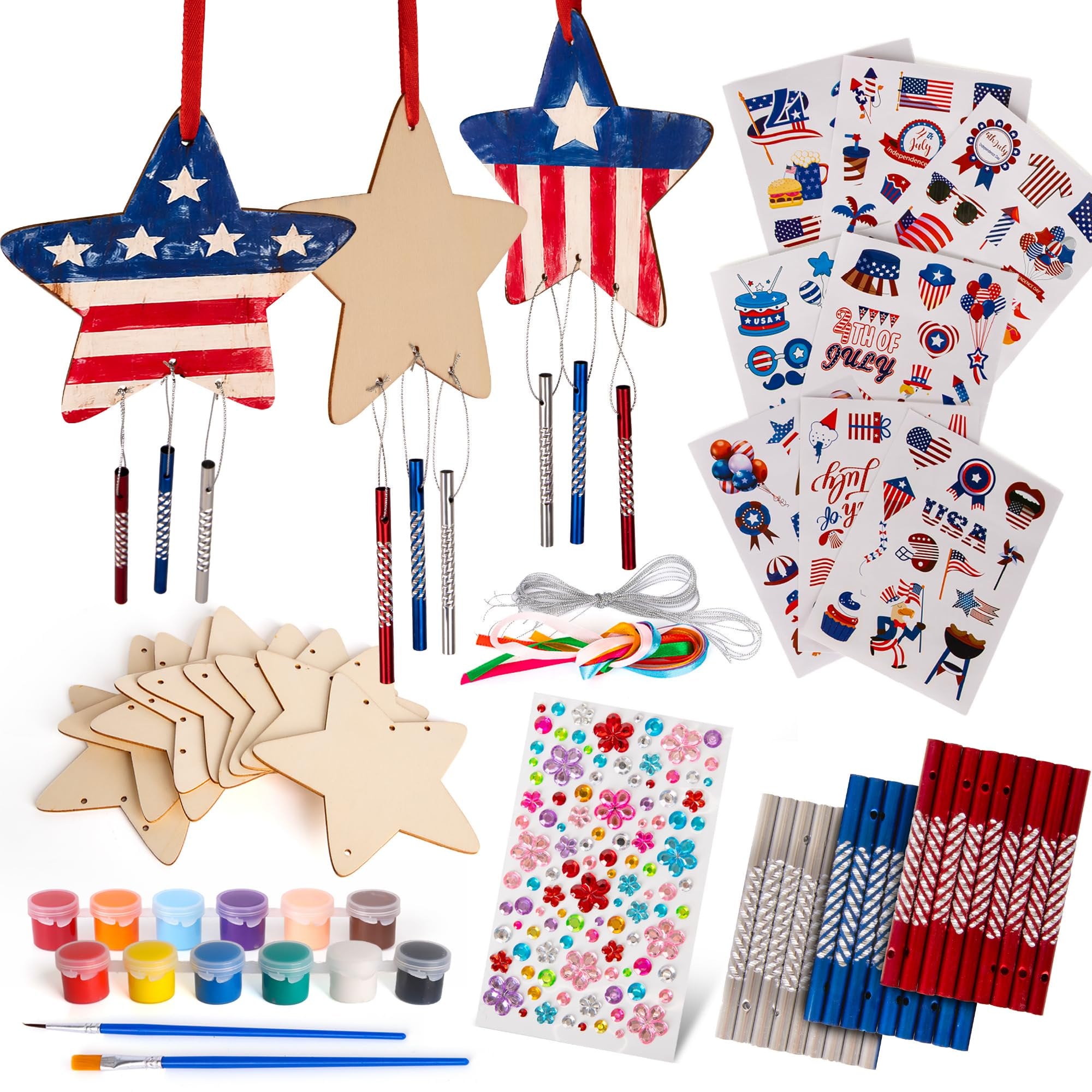 Patriotic DIY Wind Chime Kit for Kids - 9 Pack - Wooden Wind Chime Set with Paint Kit, Rhinestone Flower Stickers, 105 Stickers, and More - July 4th Arts and Crafts