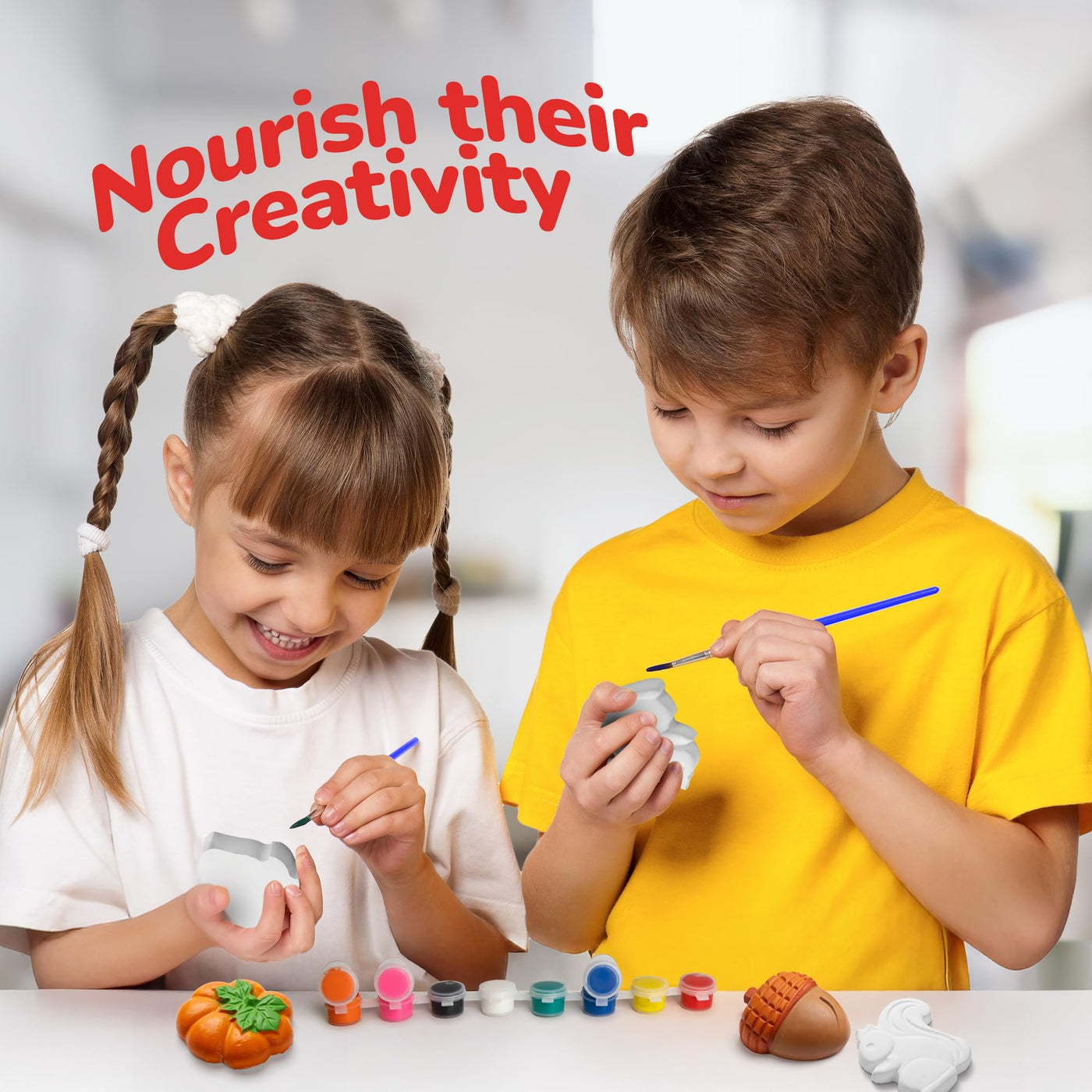 ArtCreativity Thanksgiving Ceramic Painting Craft - 7 Pack - Kids Fall Crafts Includes 6 Ceramic Figures, 8 Paint Set, 2 Brushes, 6 Adhesive Magnet - DIY Thanksgiving Paint Activity for Toddlers 3-8