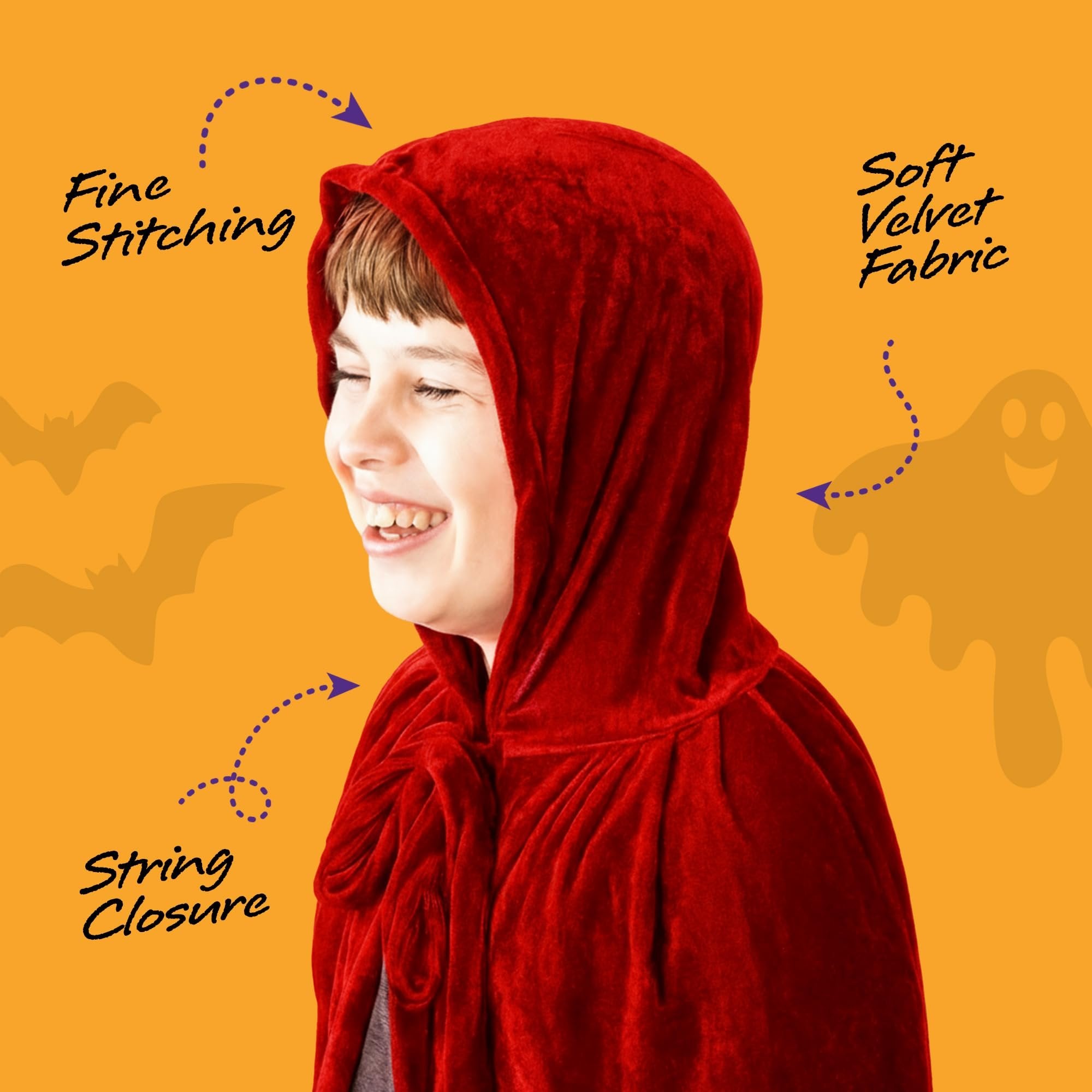 Velvet Hooded Cloak for Kids - 4ft Long - Vibrant Red Cloak with Hood and String Closure