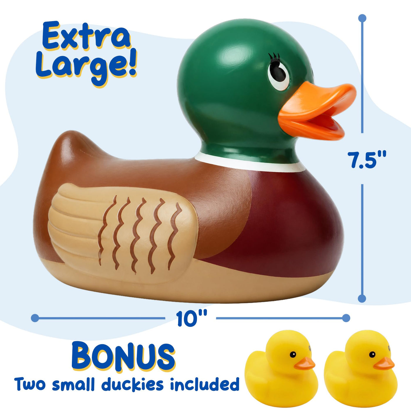 ArtCreativity Giant Rubber Mallard Duck Bath Toy - 10.5” Large Realistic Rubber Duck Bath Toy Set with 2 Mini Yellow Duckies - Bathtub Shower Toys for Kids Ages 3+