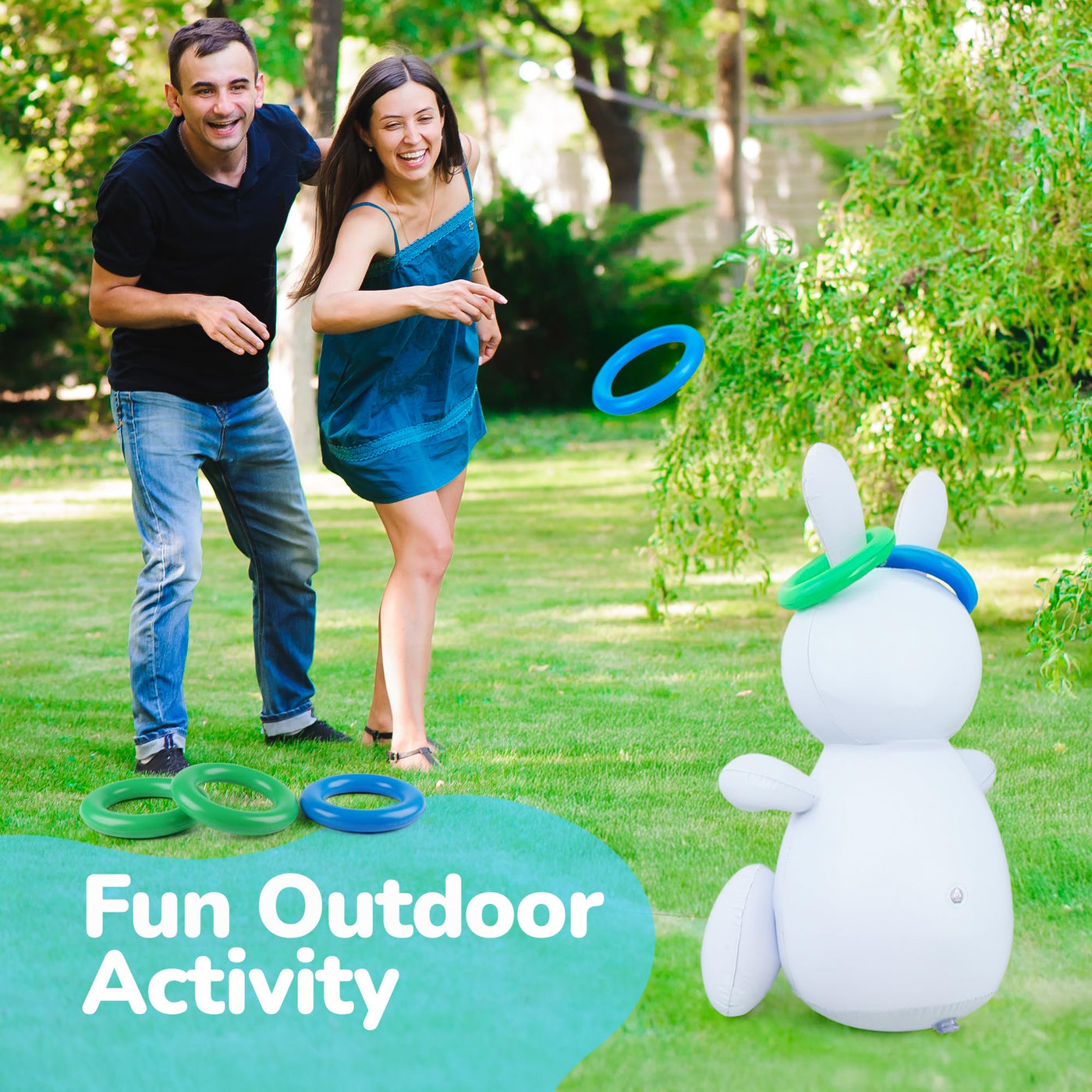 ArtCreativity Easter Bunny Inflatable Ring Toss Game - Easter Games for Kids with Inflatable Bunny and 6 Rings - Weighted Bottom to Keep the Inflatable Rabbit Upright - Outdoor Easter Family Games