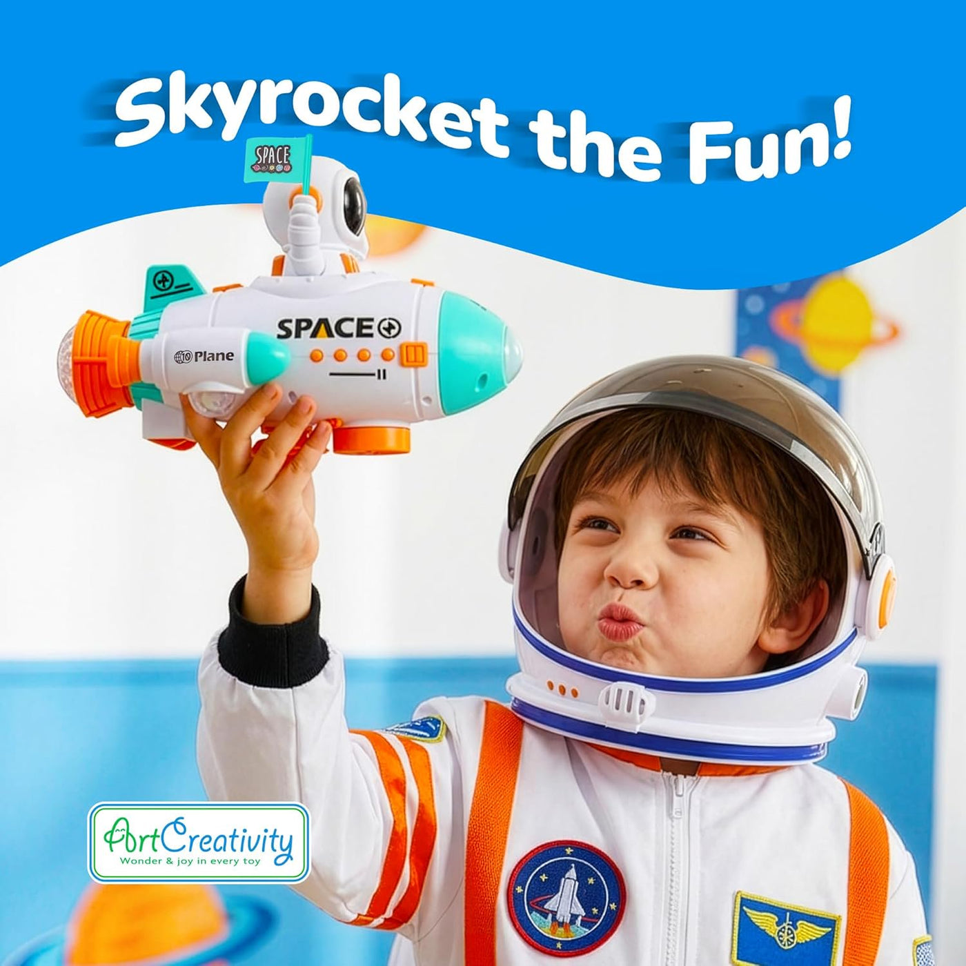 Space Rocket Ship Toy - Rocket Toy with Bump and Go Driving, Flashing Lights, Music, and Waving Astronaut Figurine
