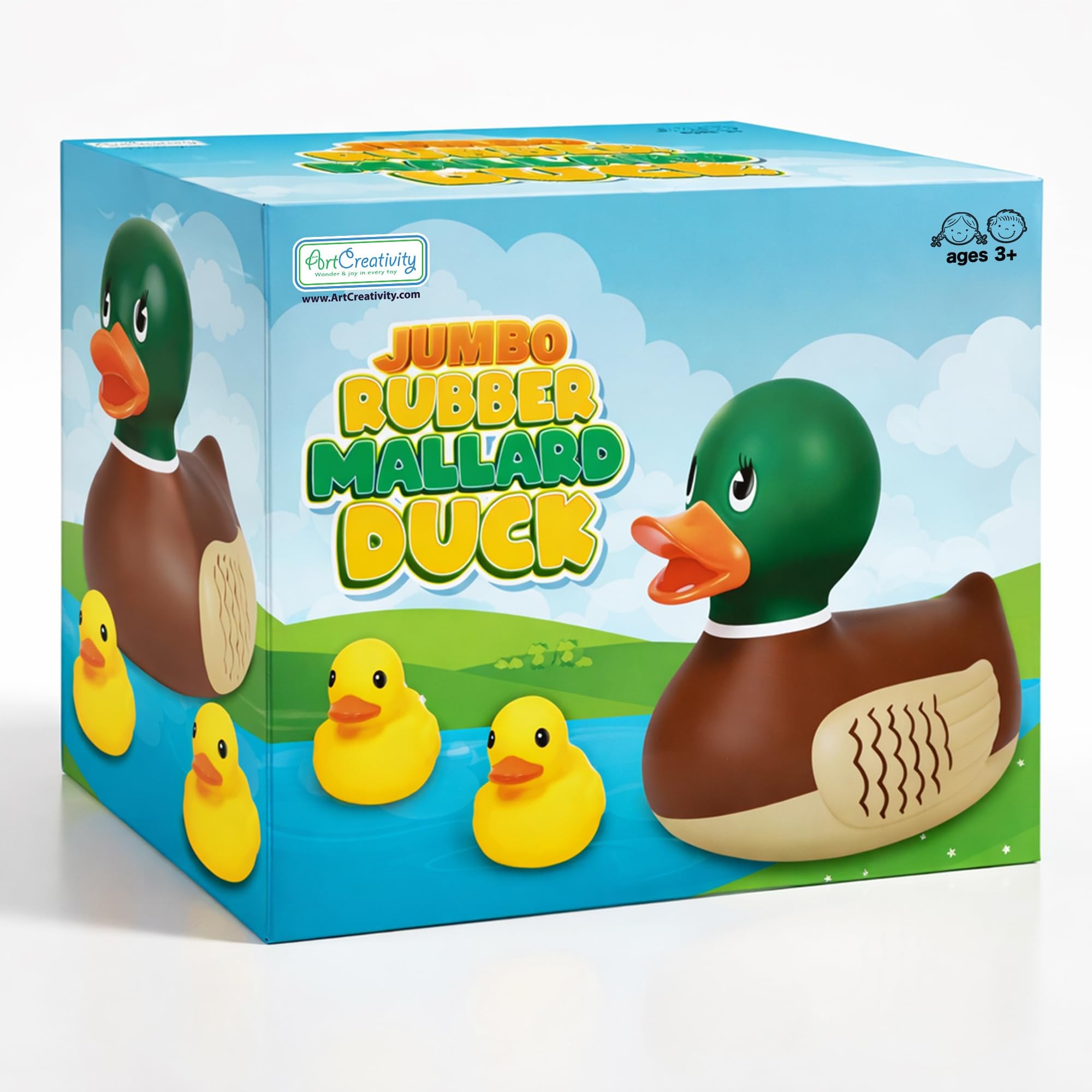 ArtCreativity Giant Rubber Mallard Duck Bath Toy - 10.5” Large Realistic Rubber Duck Bath Toy Set with 2 Mini Yellow Duckies - Bathtub Shower Toys for Kids Ages 3+