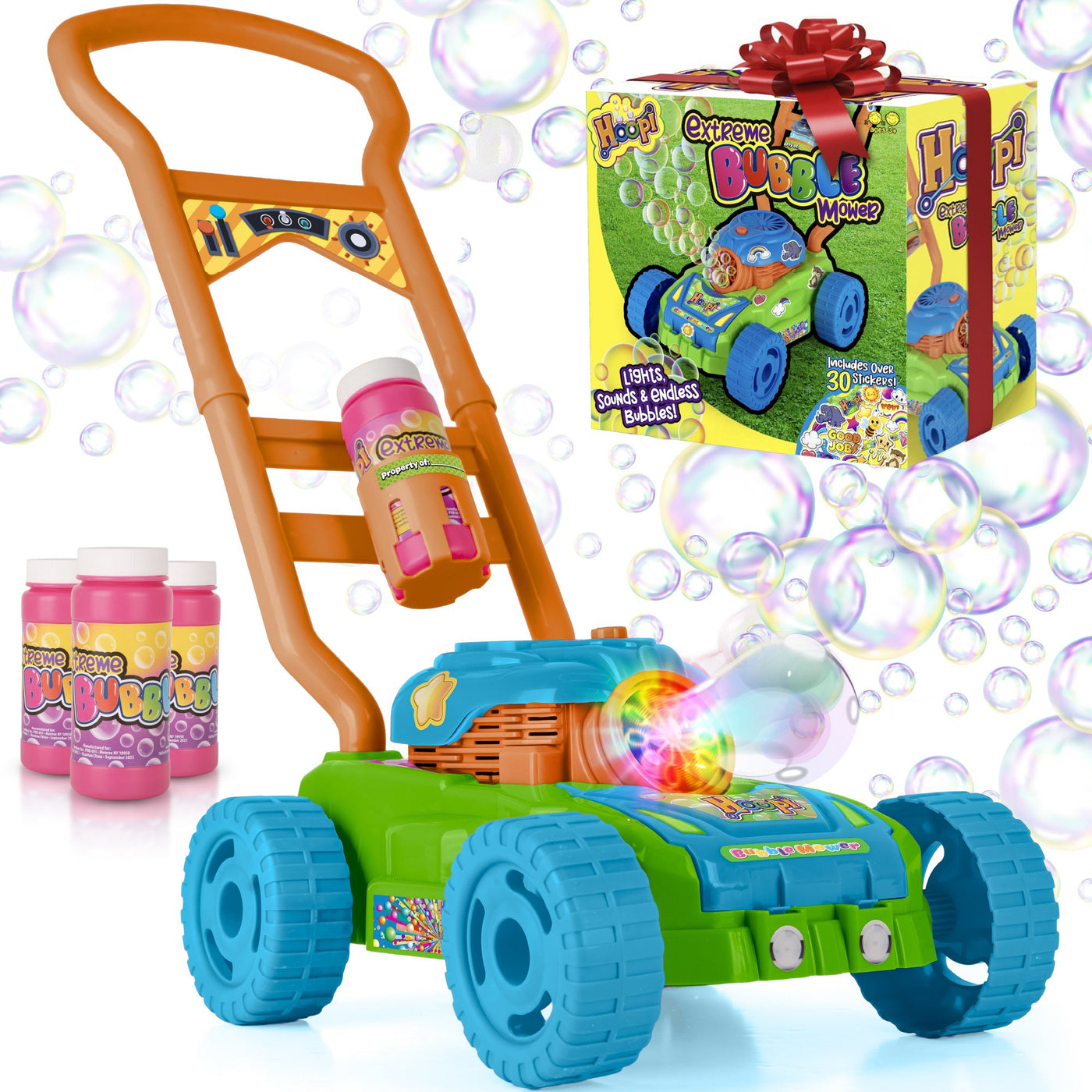 Hoopi Bubble Lawn Mower, Bubble Blowing Push Toy with 3 Solutions Bottles