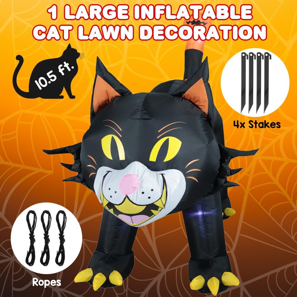 Inflatable Black Cat Halloween Decor with Lights - 10.5 Feet