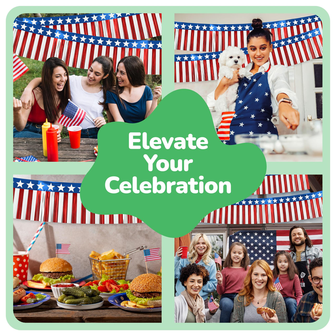 Patriotic USA Fringe Decoration - 40ft x 13.75" - Fourth of July Decoration, 6 Red White and Blue Banners