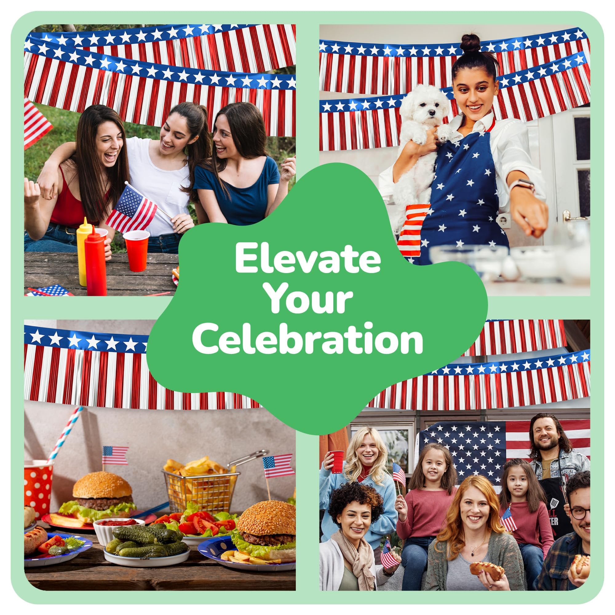Patriotic USA Fringe Decoration - 40ft x 13.75" - Fourth of July Decoration, 6 Red White and Blue Banners