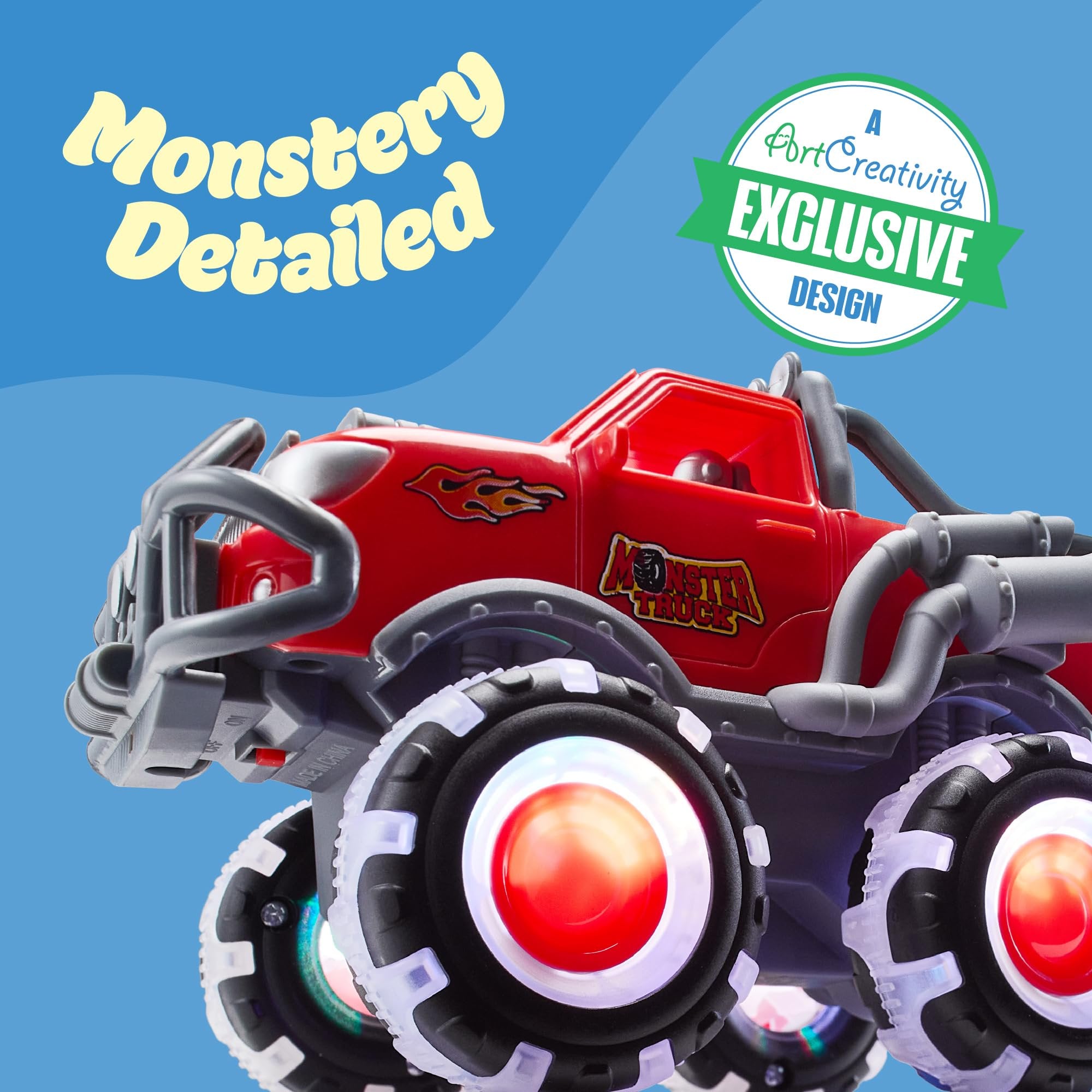 Monster Truck Toys 3 Pack with Motion Activated Light Up Wheels Friction Powered Push and Go Vehicles