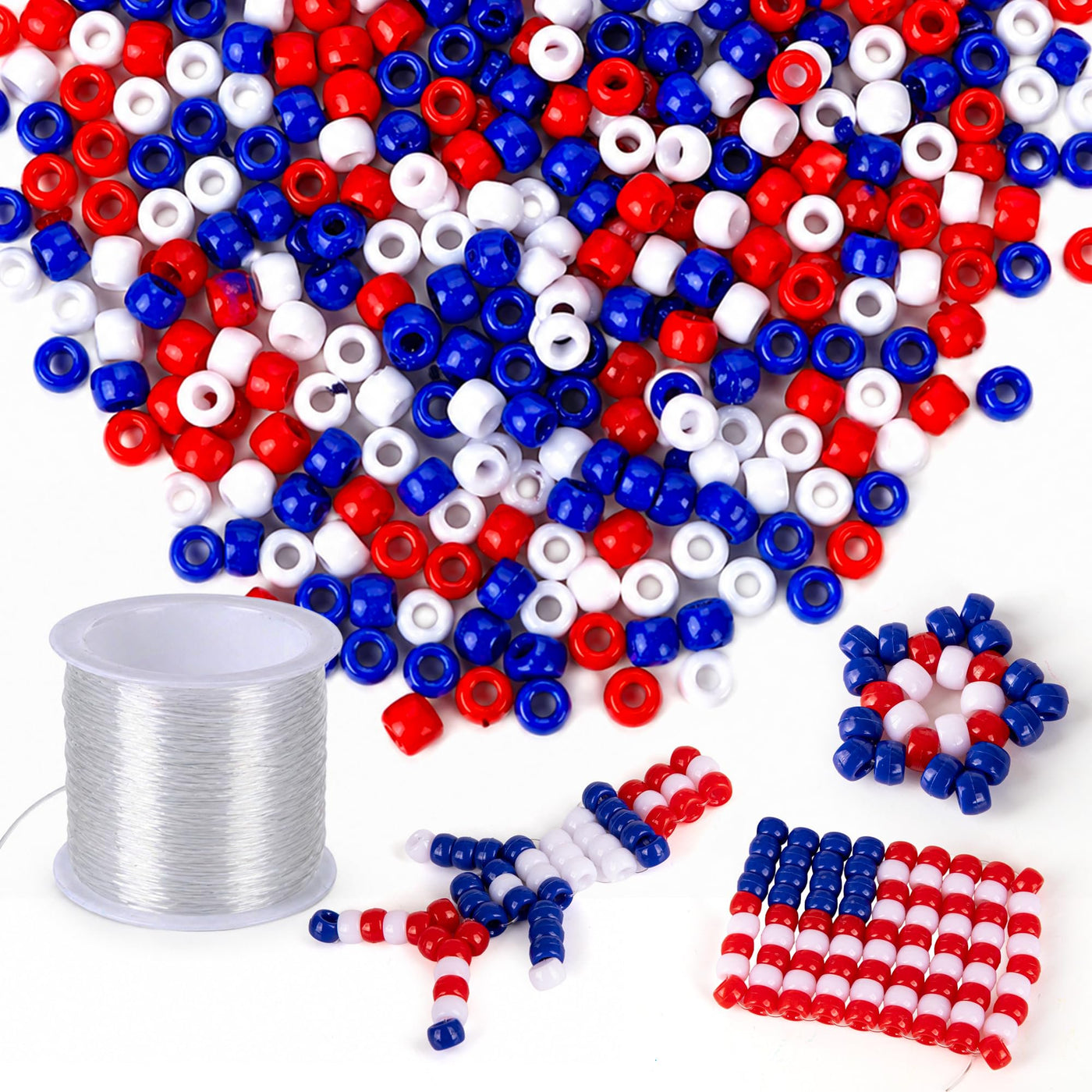 ArtCreativity Patriotic DIY Beads Kit for Kids - 1000 Pack - Red White and Blue Plastic Jewelry Beads with 40m String for Making USA Flag Necklaces & Bracelets