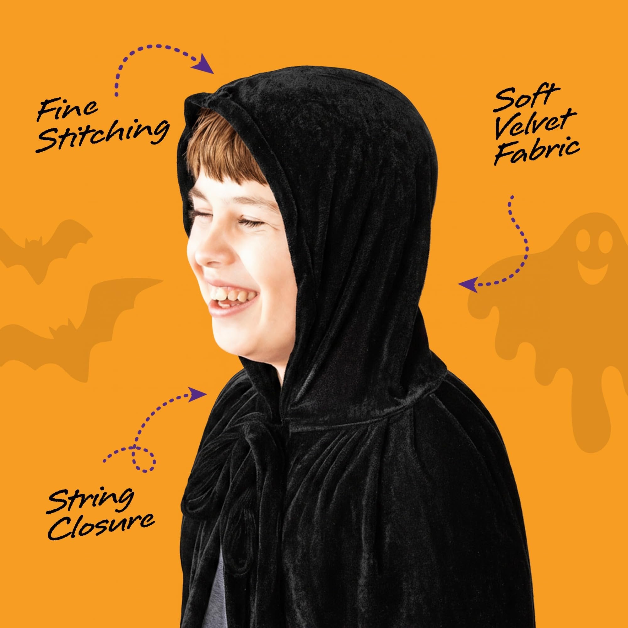 Velvet Hooded Cloak for Kids - 4ft Long – Deep Black Cloak with Hood and String Closure