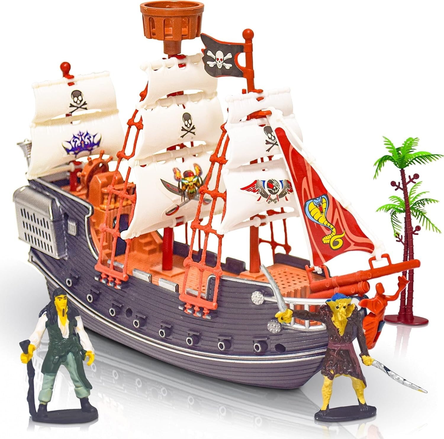 10" Pirate Boat, Detailed Pirate Ship Playset with 2 Action Figures & Tree, Play Toy for Kids, Fun Pirate Party Favor and Prize, Excellent Gift for Boys & Girls Ages 3+