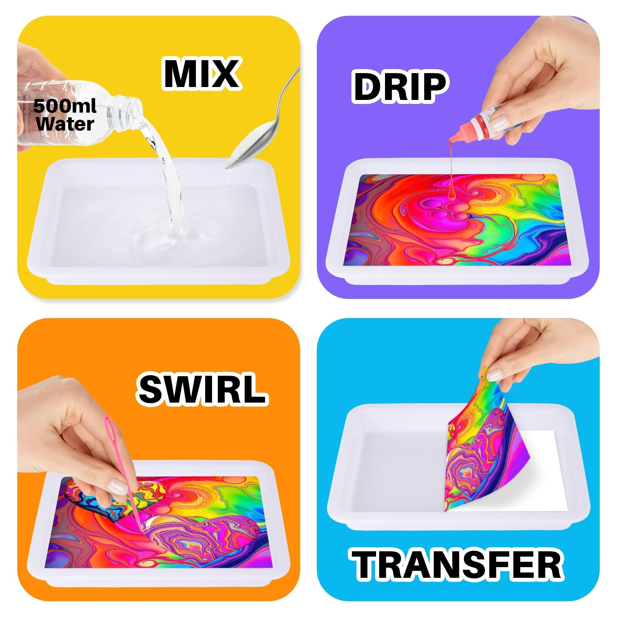 ArtCreativity Water Marbling Paint Art Kit for Kids - Complete Set with 12 Paint Colors, 10 Bags Thickening Powder, 10 A5 Papers, and More - Marble Art Painting Kit - Crafts for Kids Ages 3 and Up