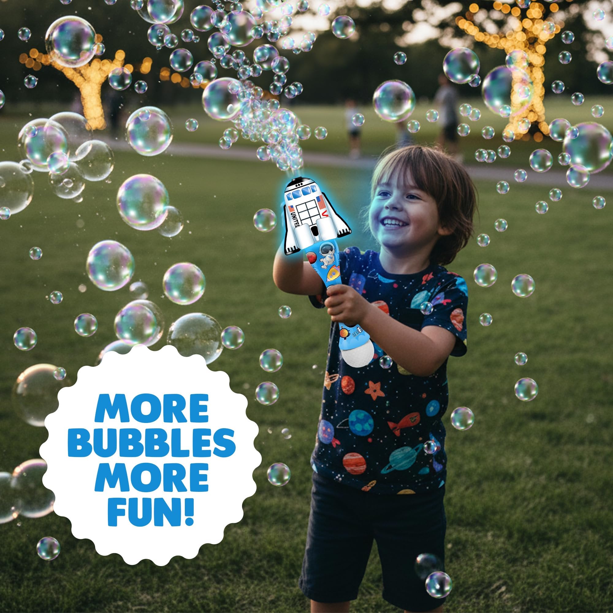 Space Shuttle Bubble Wand - Handcrafted Space Toys with Bubbles Refill Solution, Stickers, Music & Lights