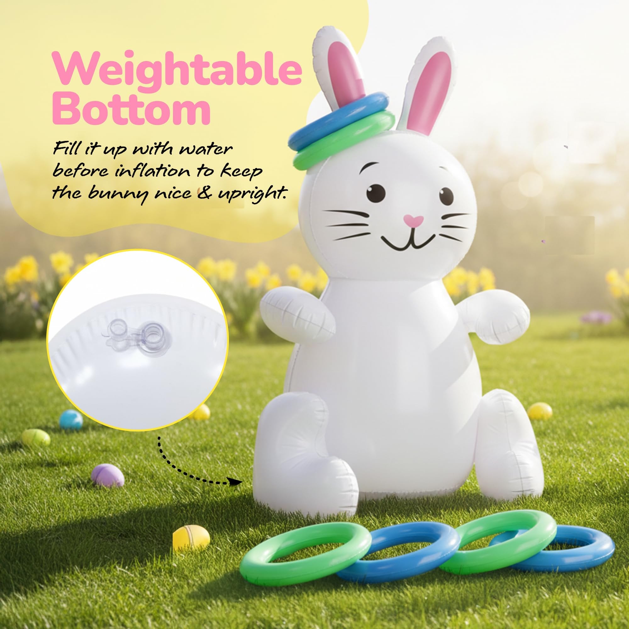 ArtCreativity Easter Bunny Inflatable Ring Toss Game - Easter Games for Kids with Inflatable Bunny and 6 Rings - Weighted Bottom to Keep the Inflatable Rabbit Upright - Outdoor Easter Family Games