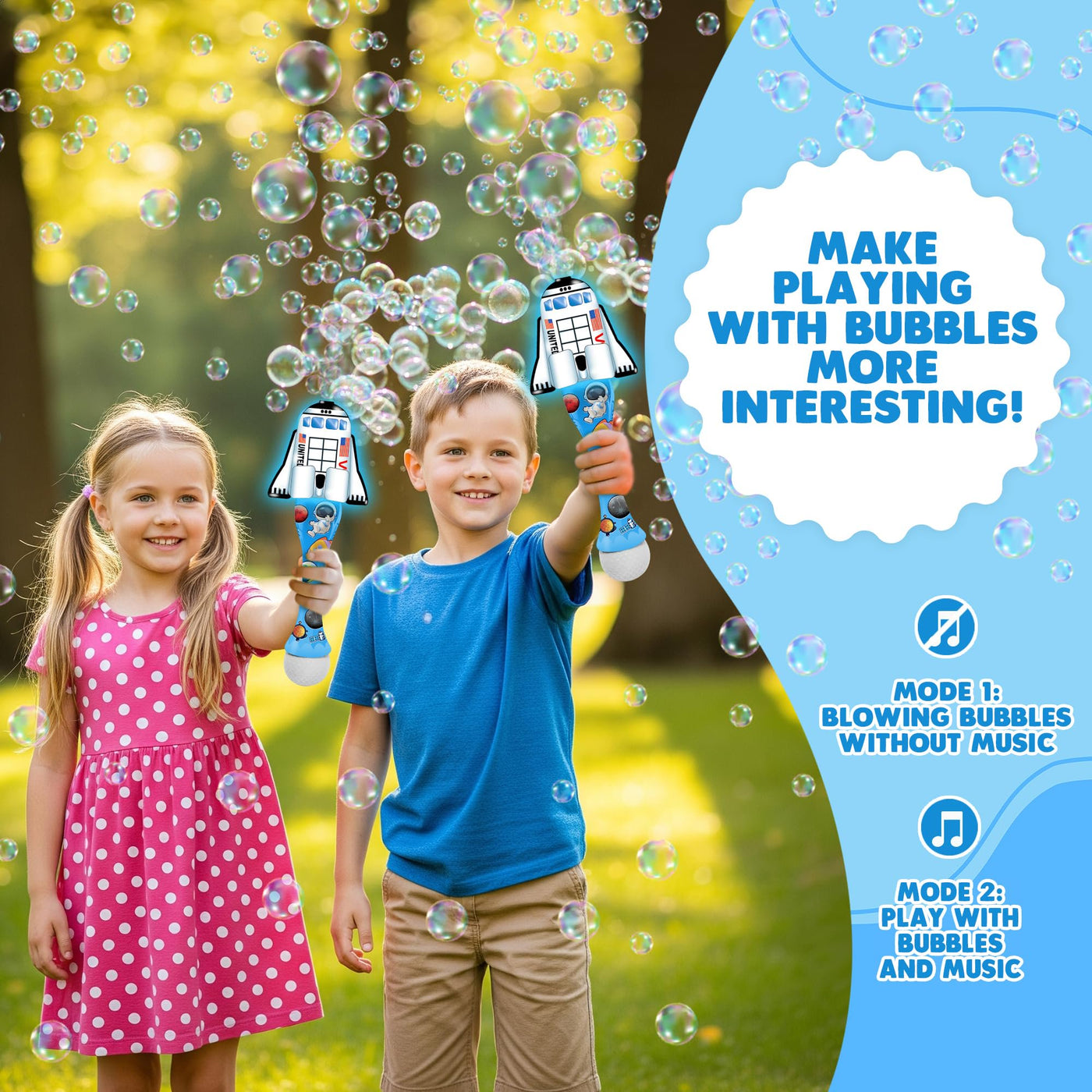 Space Shuttle Bubble Wand - Handcrafted Space Toys with Bubbles Refill Solution, Stickers, Music & Lights