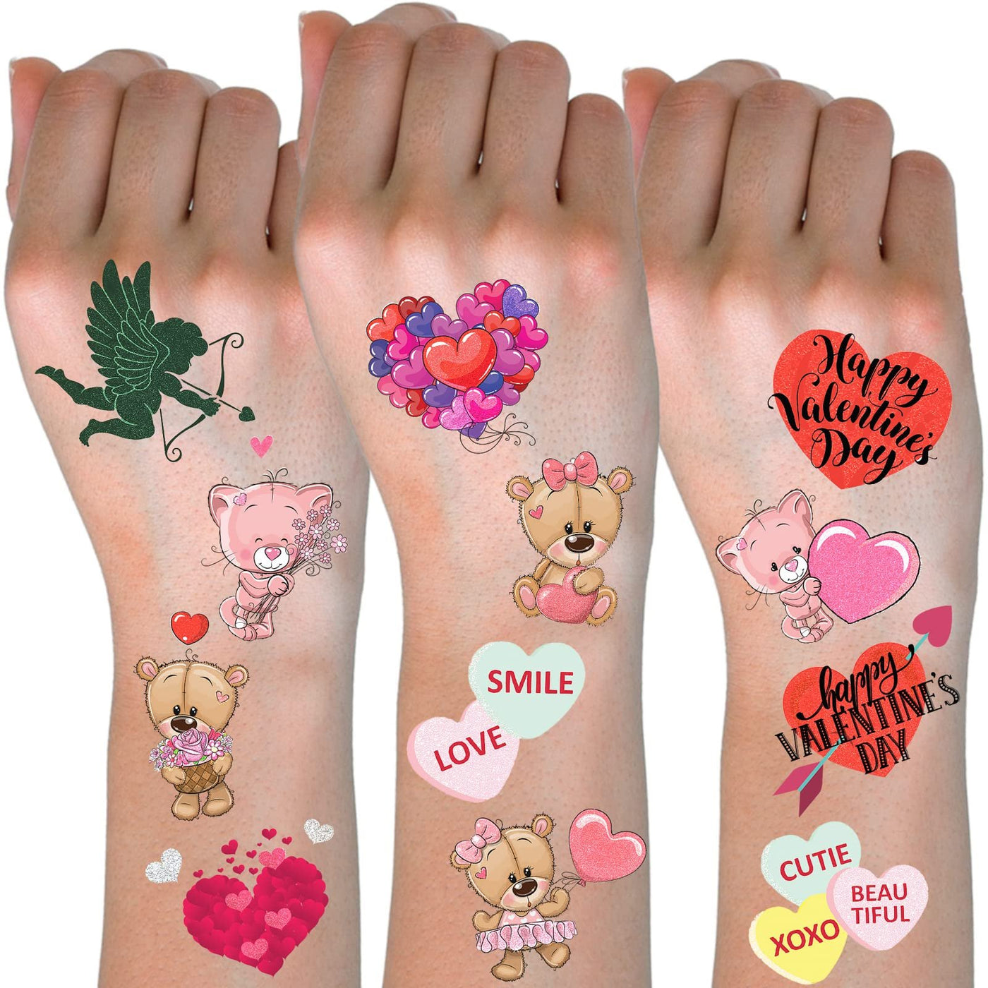 Valentines Glitter Tattoos for Kids, Temporary Tattoos in 12 Cute Designs, 144 Pack