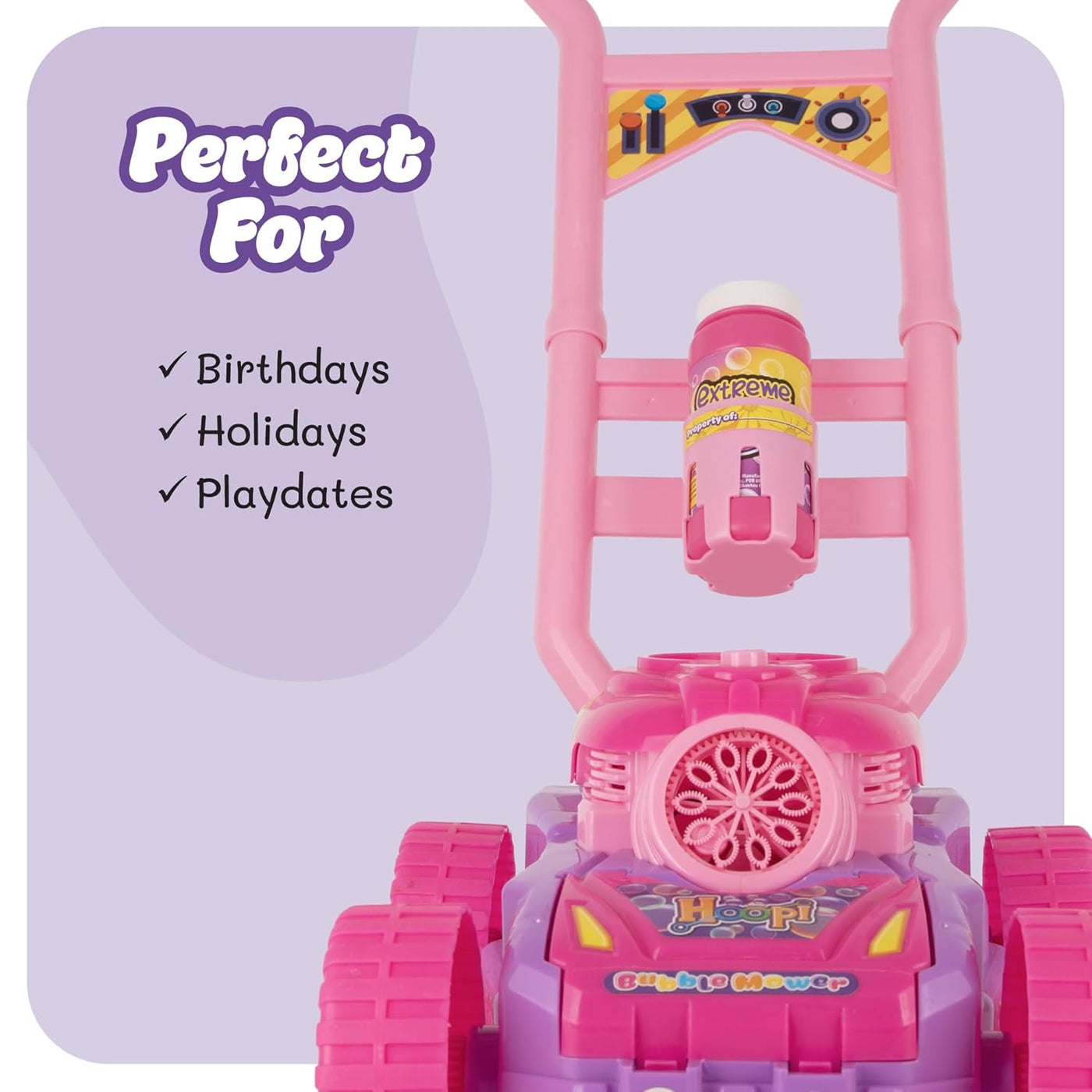 Hoopi Extreme Bubbles Lawn Mower for Toddlers, Spill-Proof Kids Bubble Machine with Lights with 3 Bottles