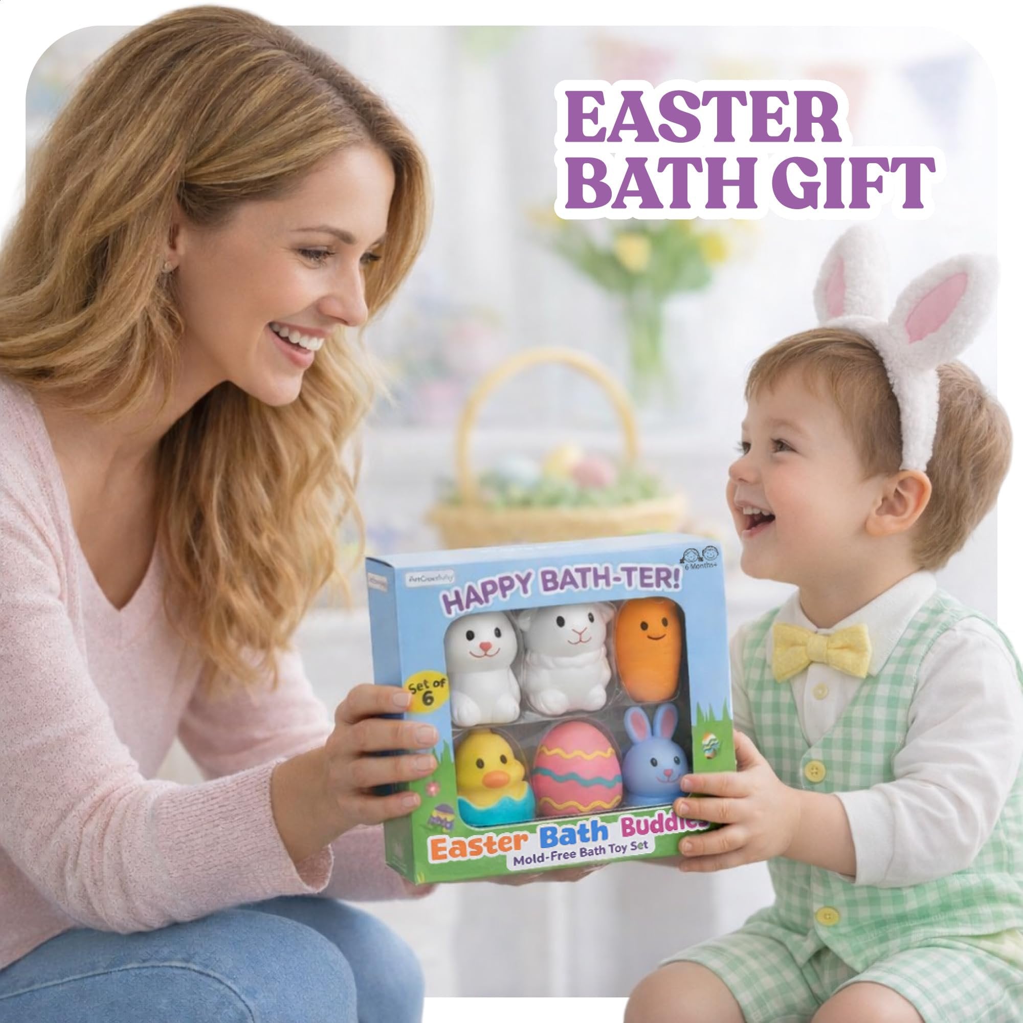 Easter Mold Free Bath Toys - Set of 6 - Moisture Free No Hole BathtubToy for Infant Ages 3 6 12 18 - Include Bunnies, Carrot, Sheep, a Chick in  Egg - Easter Basket Stuffers