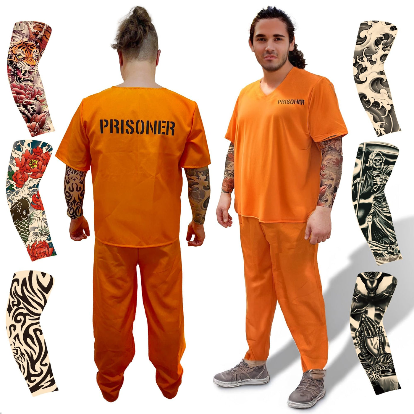 Orange Prisoner Costume with 6 Outlaw Sleeve Tattoos for Men - Size Medium