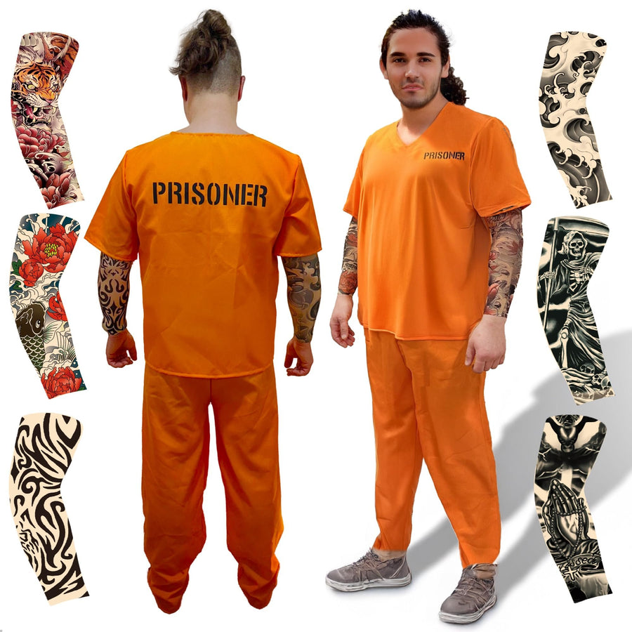 Orange Prisoner Costume with 6 Outlaw Sleeve Tattoos for Men - Size Medium