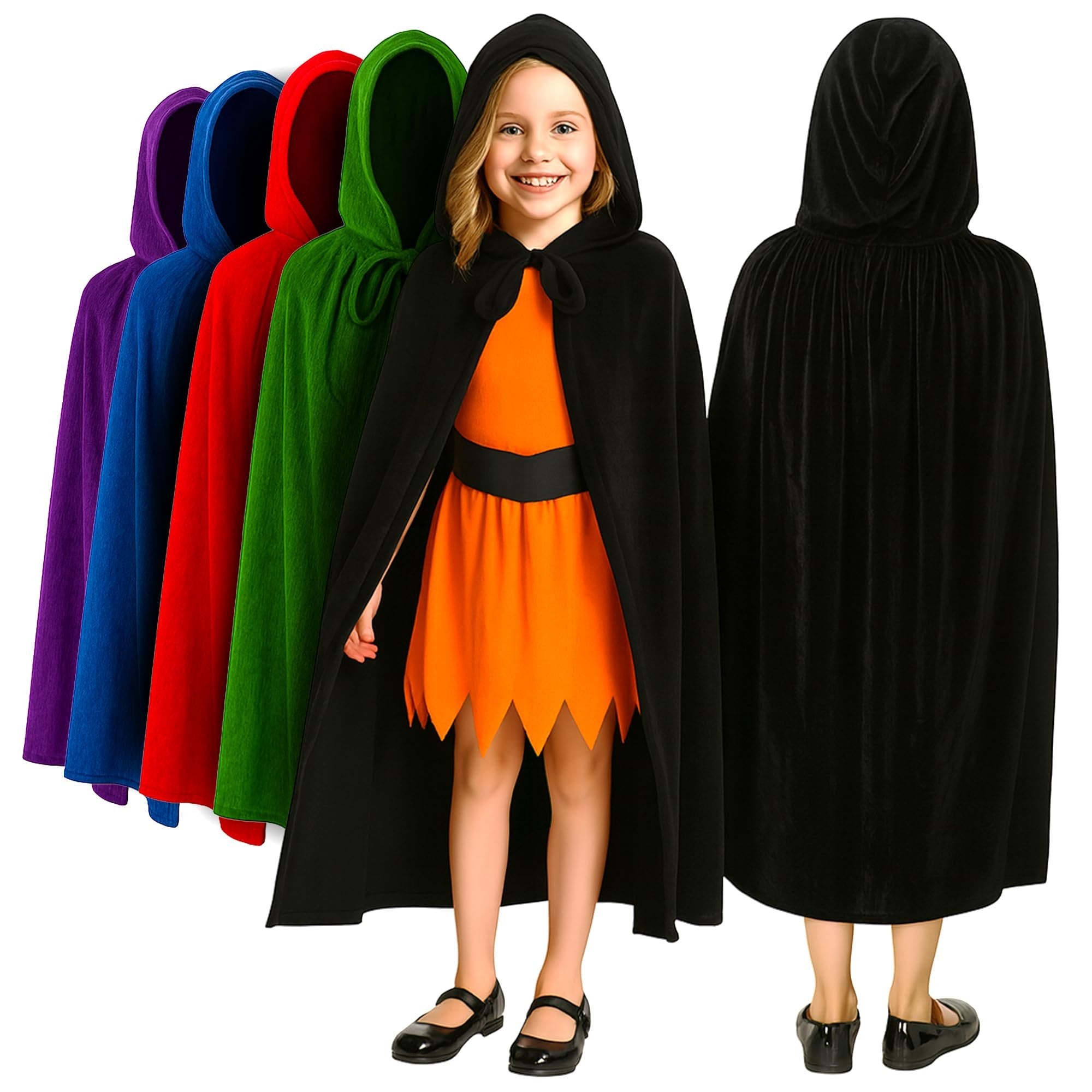 Velvet Hooded Cloak for Kids - 4ft Long – Deep Black Cloak with Hood and String Closure