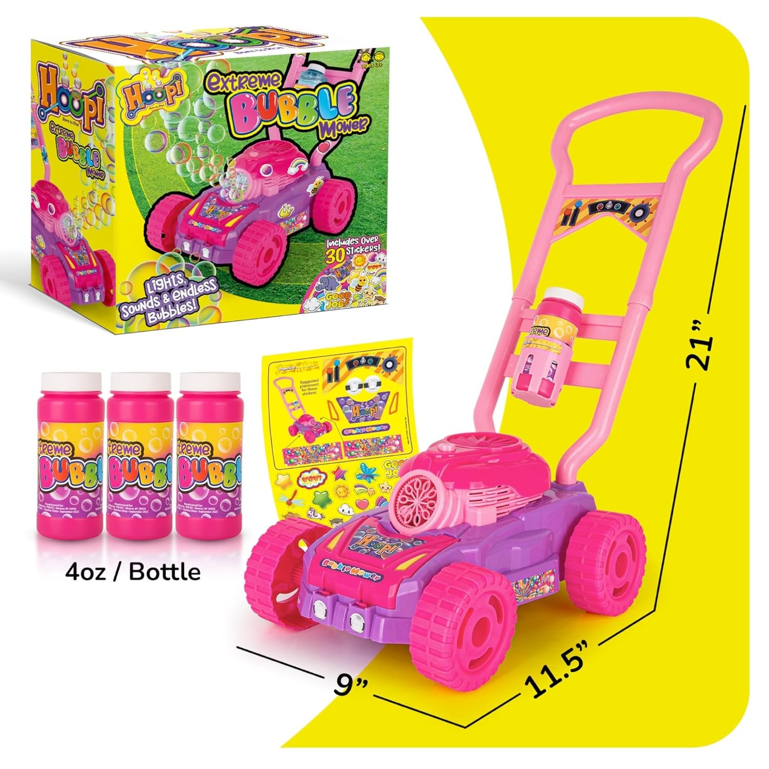 Hoopi Extreme Bubbles Lawn Mower for Toddlers, Spill-Proof Kids Bubble Machine with Lights with 3 Bottles