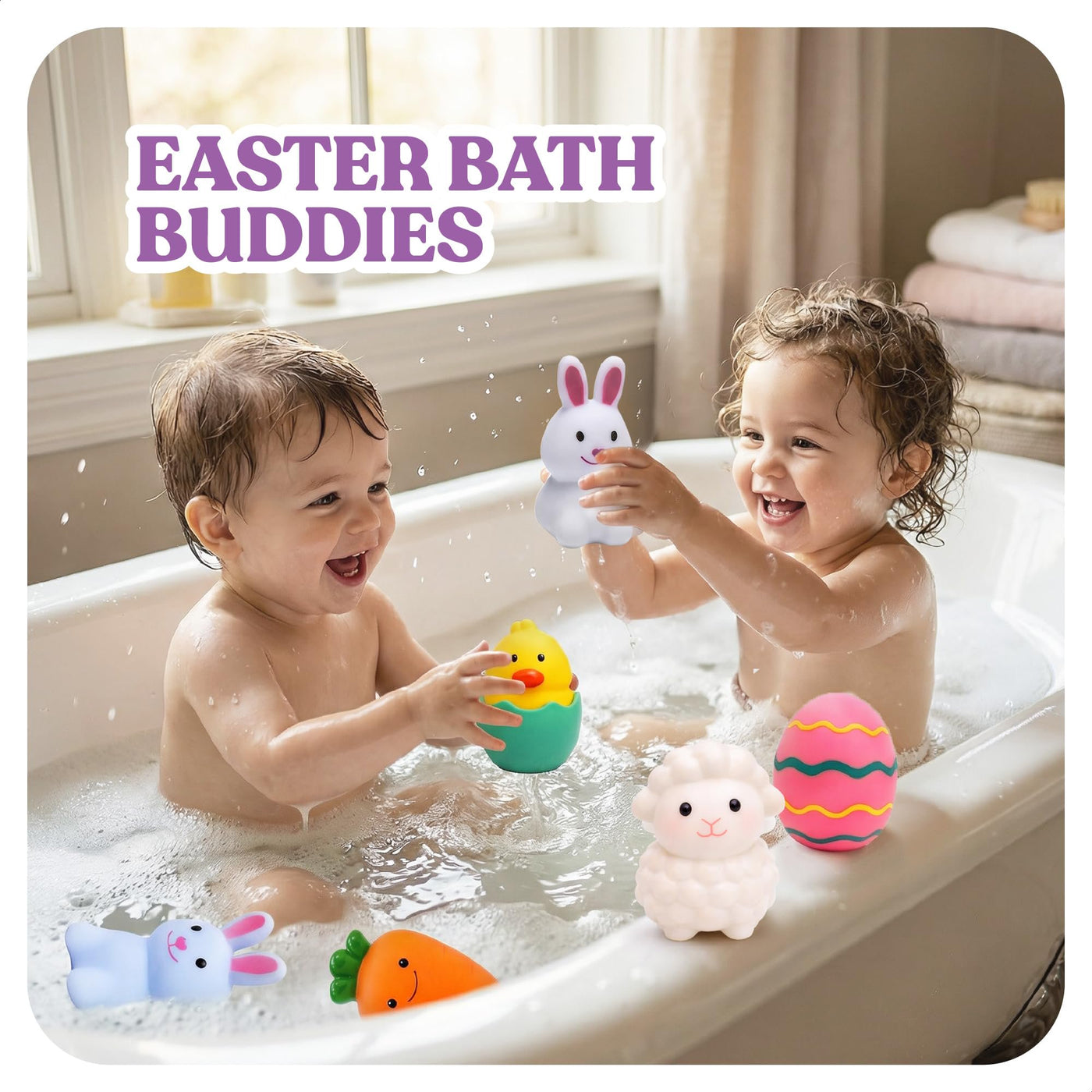 Easter Mold Free Bath Toys - Set of 6 - Moisture Free No Hole BathtubToy for Infant Ages 3 6 12 18 - Include Bunnies, Carrot, Sheep, a Chick in  Egg - Easter Basket Stuffers
