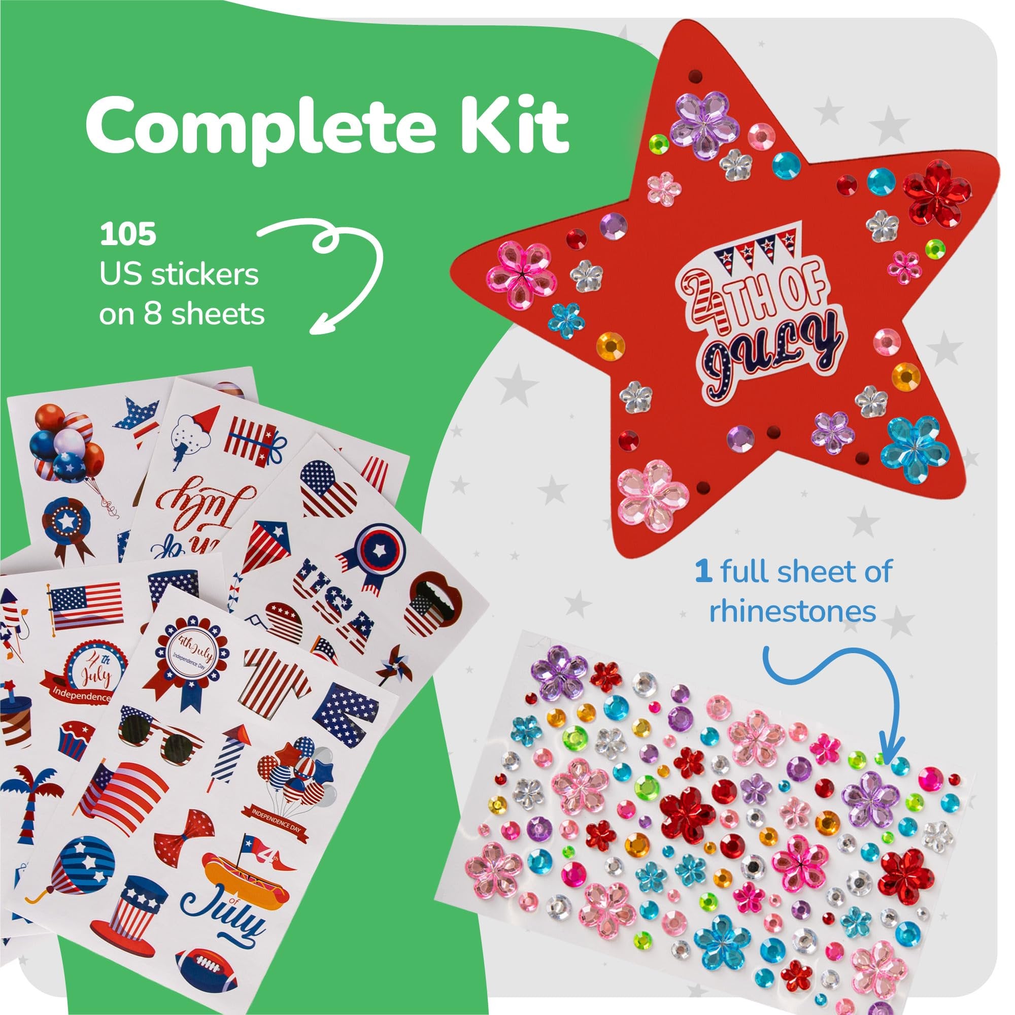 Patriotic DIY Wind Chime Kit for Kids - 9 Pack - Wooden Wind Chime Set with Paint Kit, Rhinestone Flower Stickers, 105 Stickers, and More - July 4th Arts and Crafts