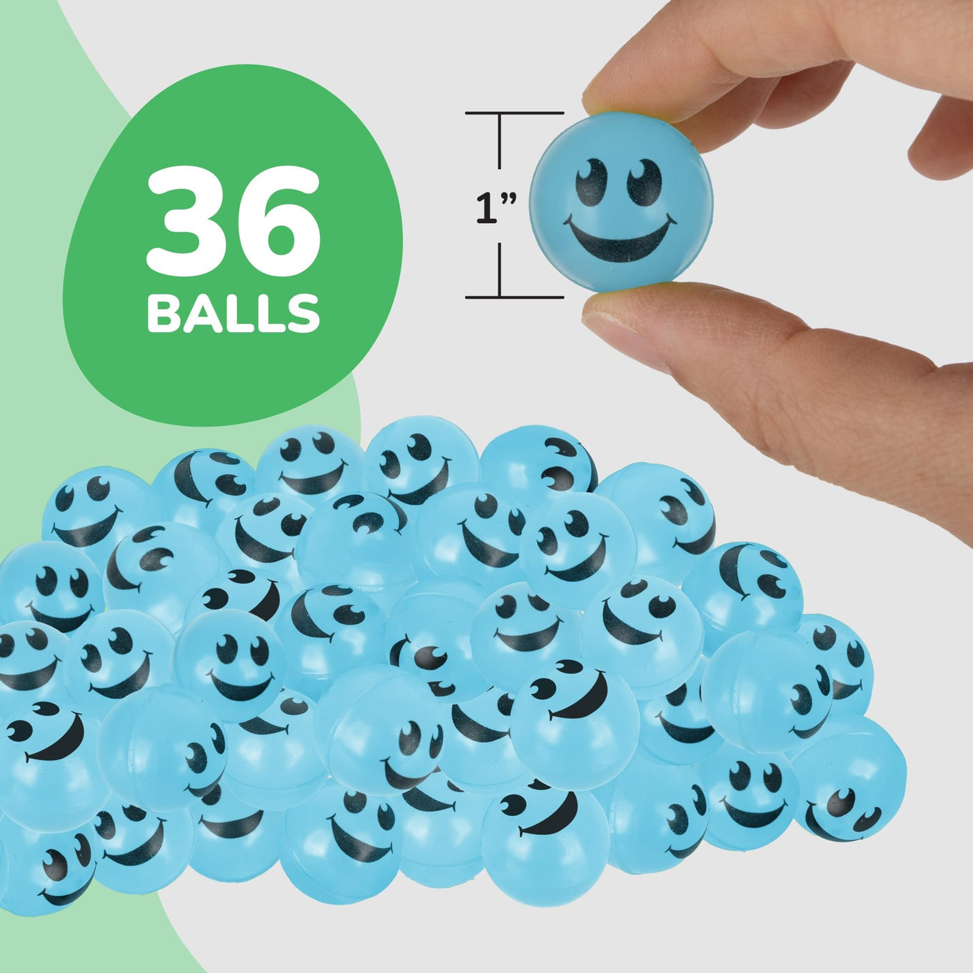 Glow in the Dark Light Blue Smiley Face Bouncing Balls - Bulk Pack of 36 - 1 Inch