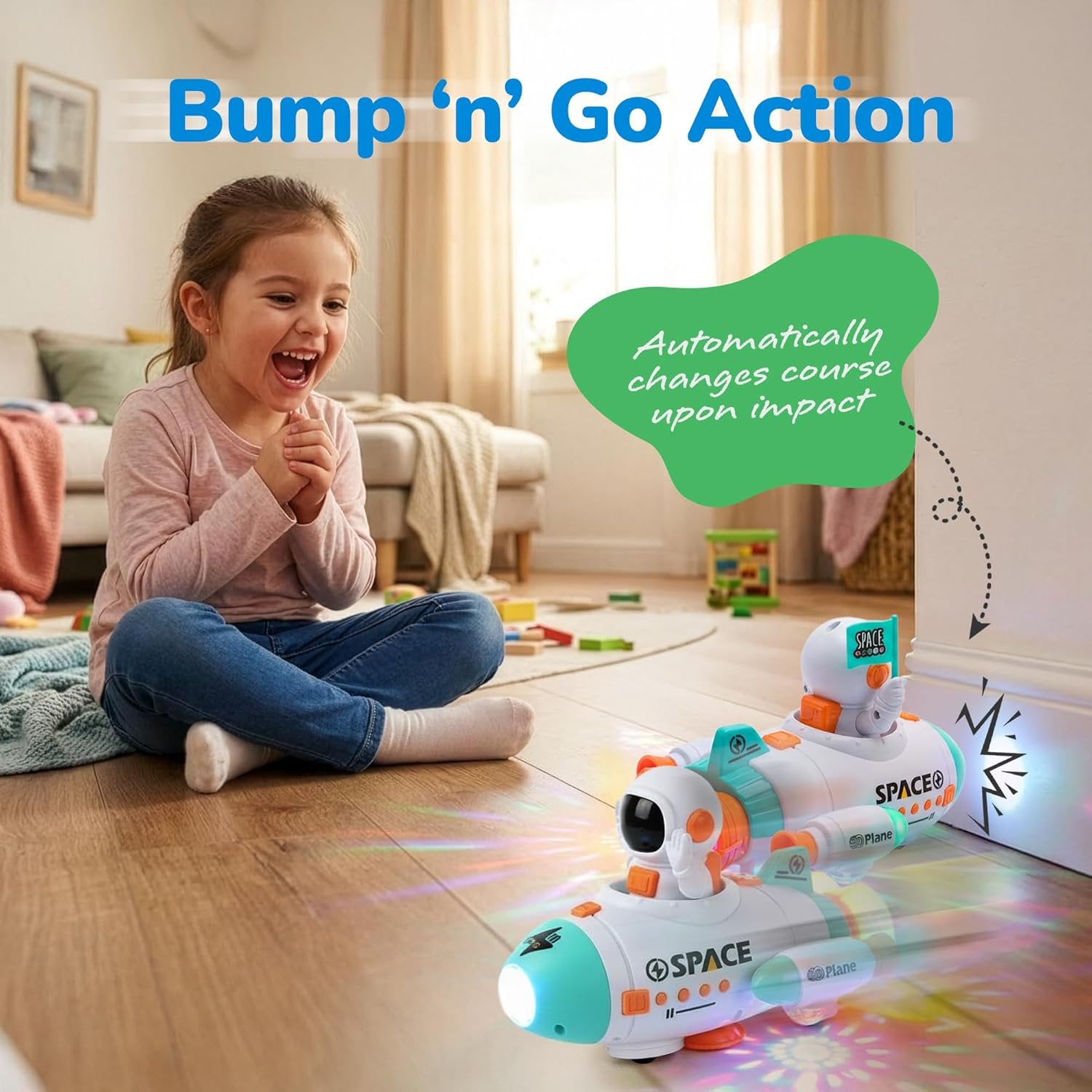 Space Rocket Ship Toy - Rocket Toy with Bump and Go Driving, Flashing Lights, Music, and Waving Astronaut Figurine