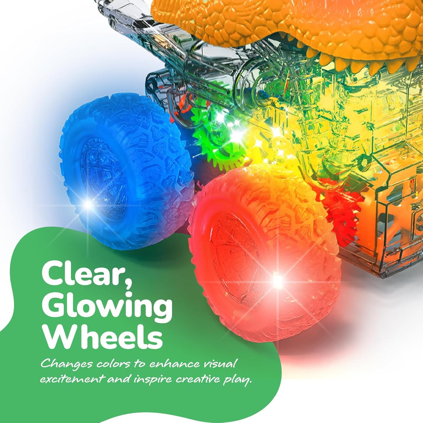 Gear Cars with Glowing Transparent Wheels, Lights, & Music - 2 Pack