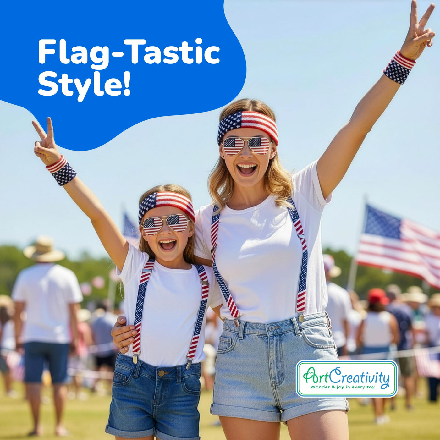 Patriotic Accessories - USA Glasses, American Flag Suspenders, Wristbands, and Headband - Red, White, and Blue