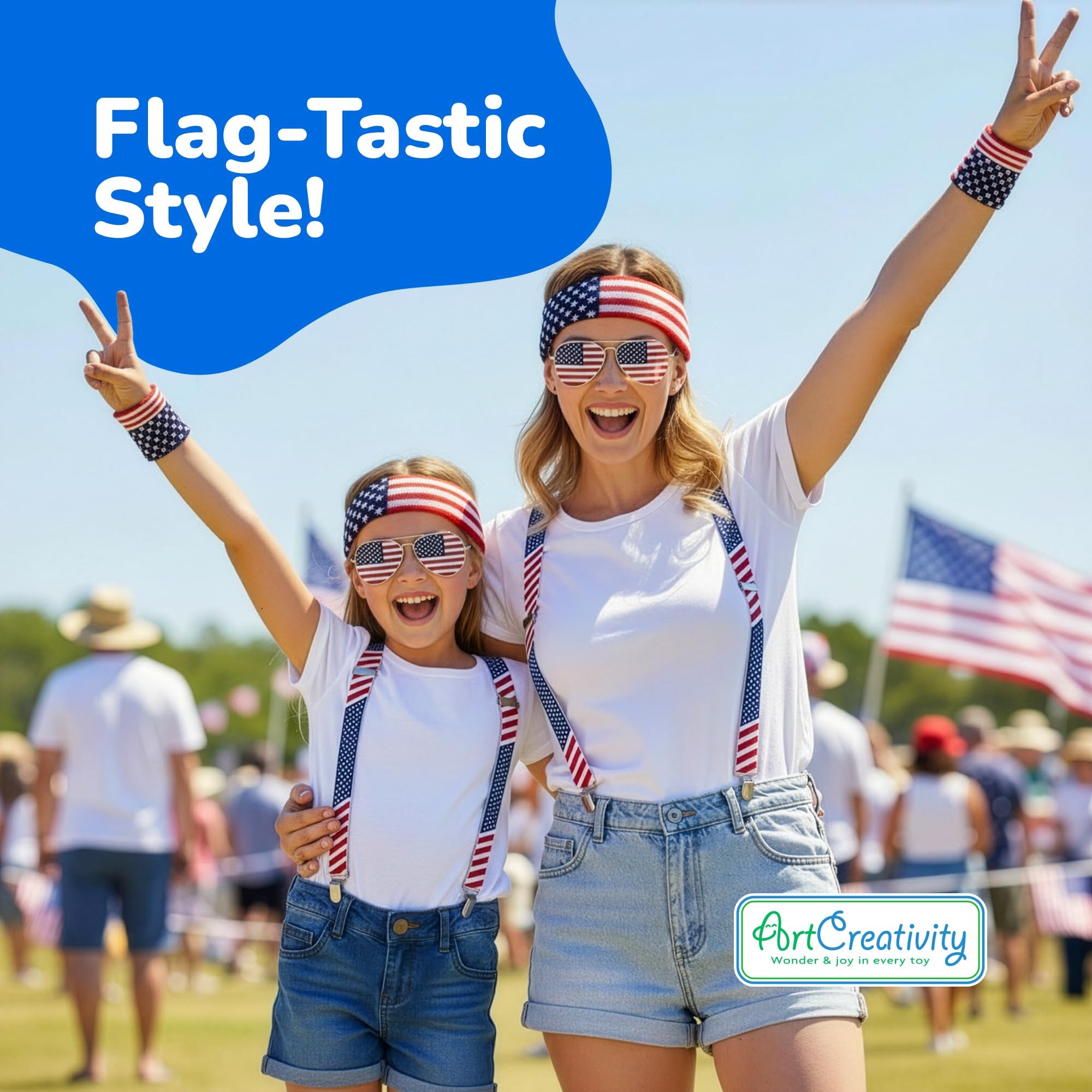 Patriotic Accessories - USA Glasses, American Flag Suspenders, Wristbands, and Headband - Red, White, and Blue