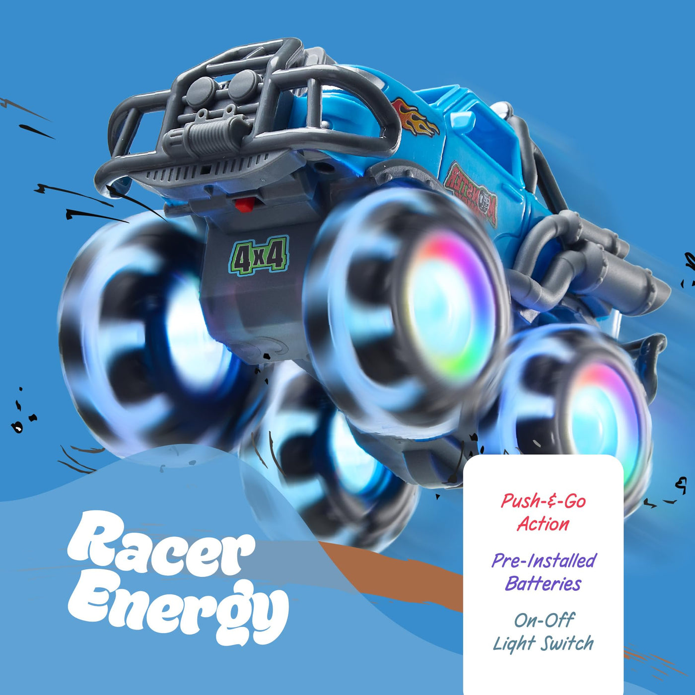 Monster Truck Toys 3 Pack with Motion Activated Light Up Wheels Friction Powered Push and Go Vehicles