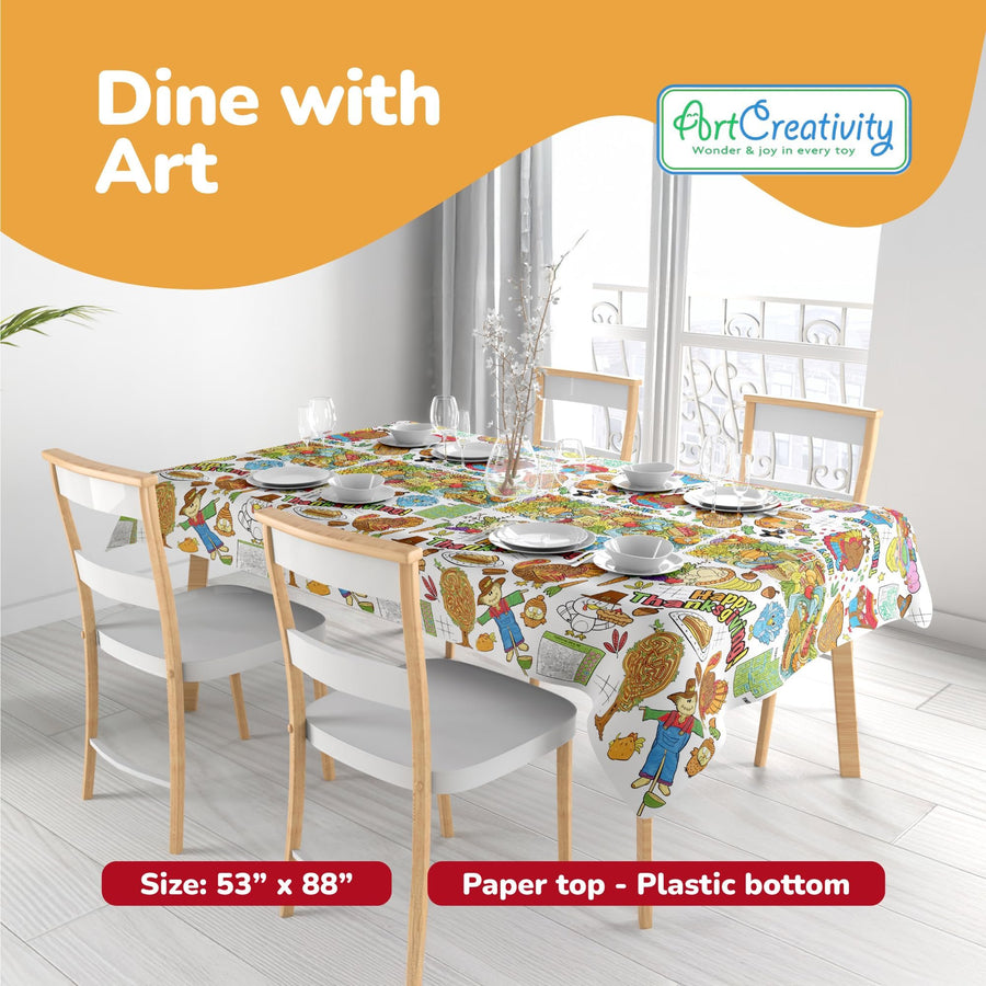 Thanksgiving Coloring Table Cloth for Kids with 12 Washable Markers - Large 53 x 87.5 Inch Coloring Tablecloth