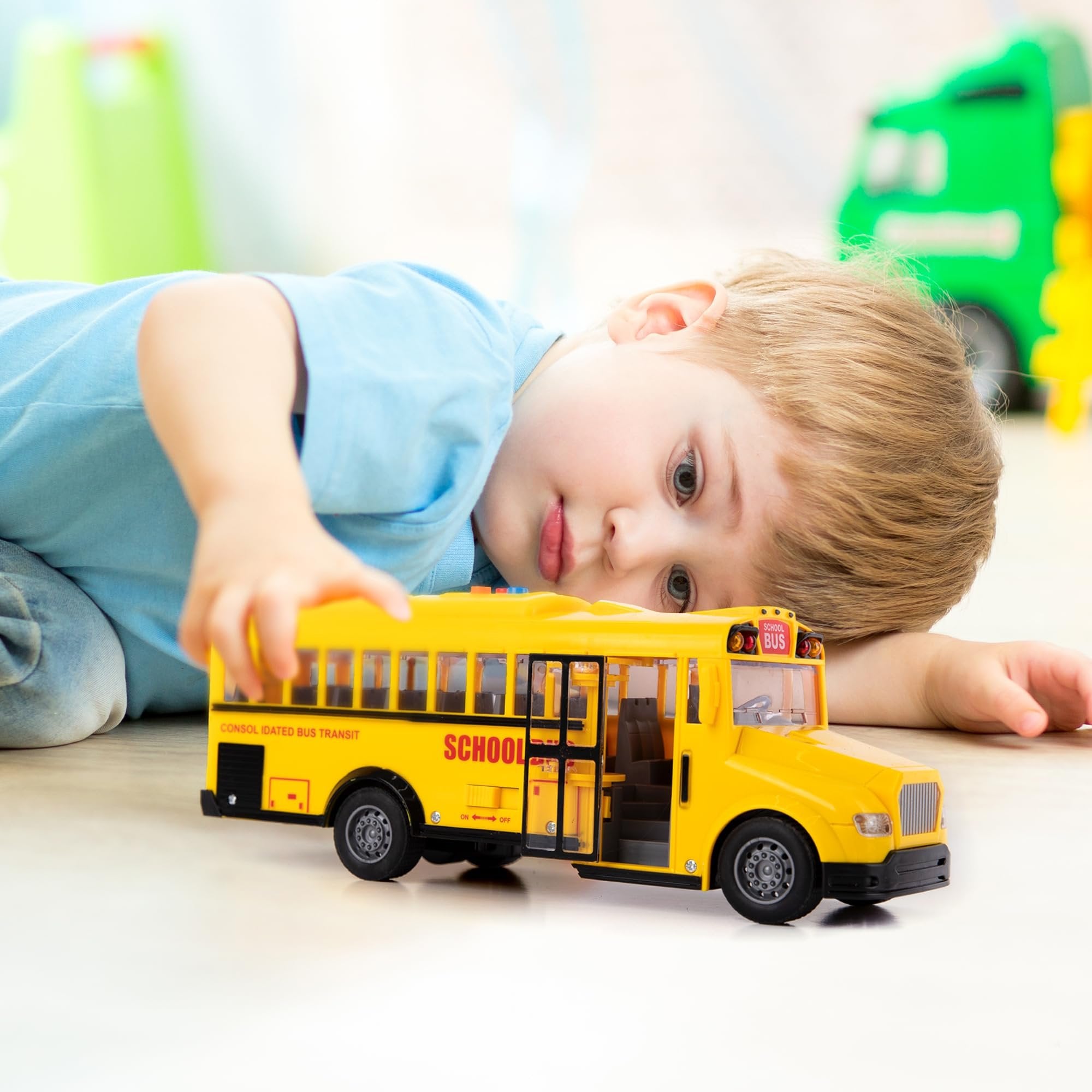 Yellow School Bus with Flashing Lights & Sound, Friction Powered 11" Toy School Bus